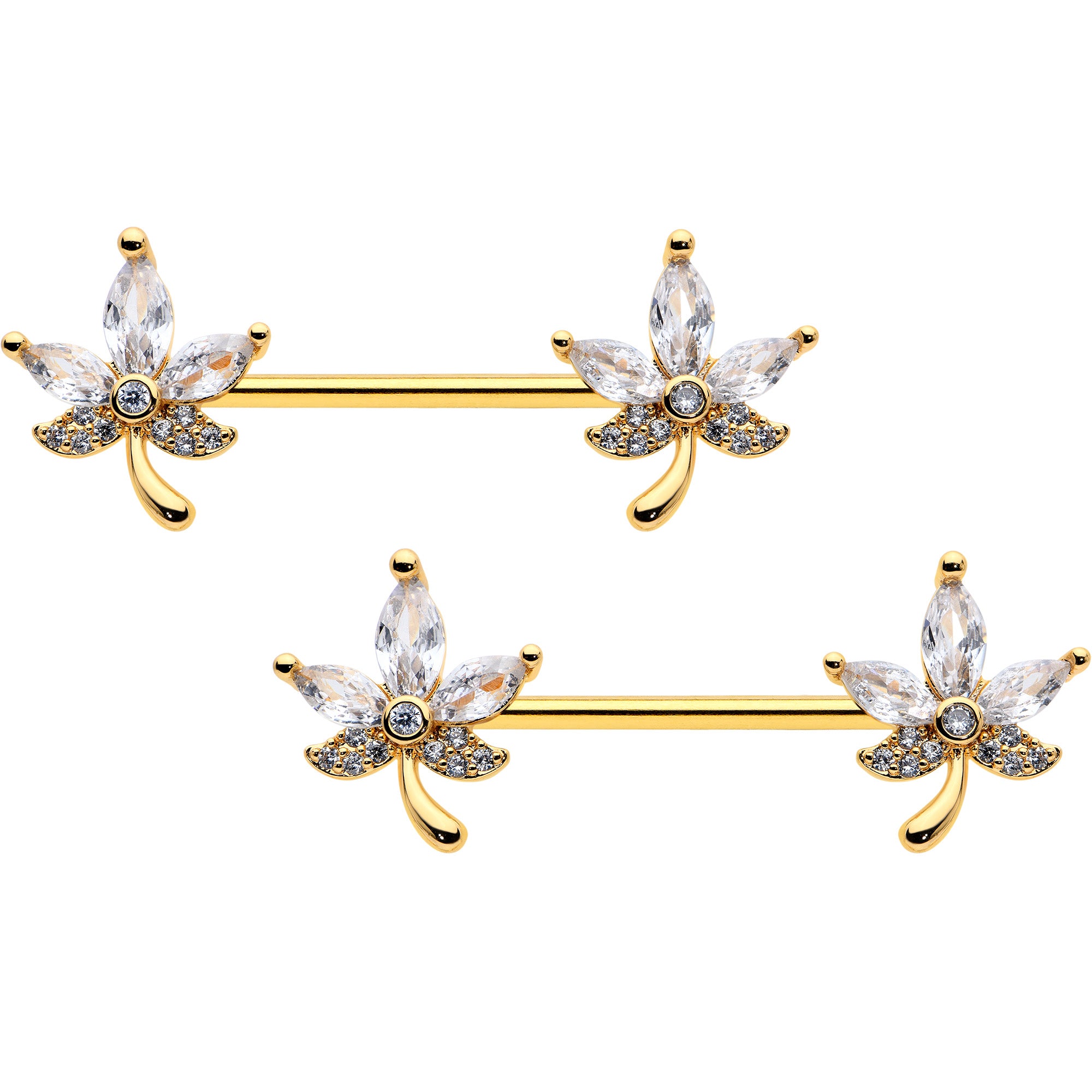 14G 3/4 Clear CZ Gem Gold Tone Pot Leaf Barbell Nipple Ring Set