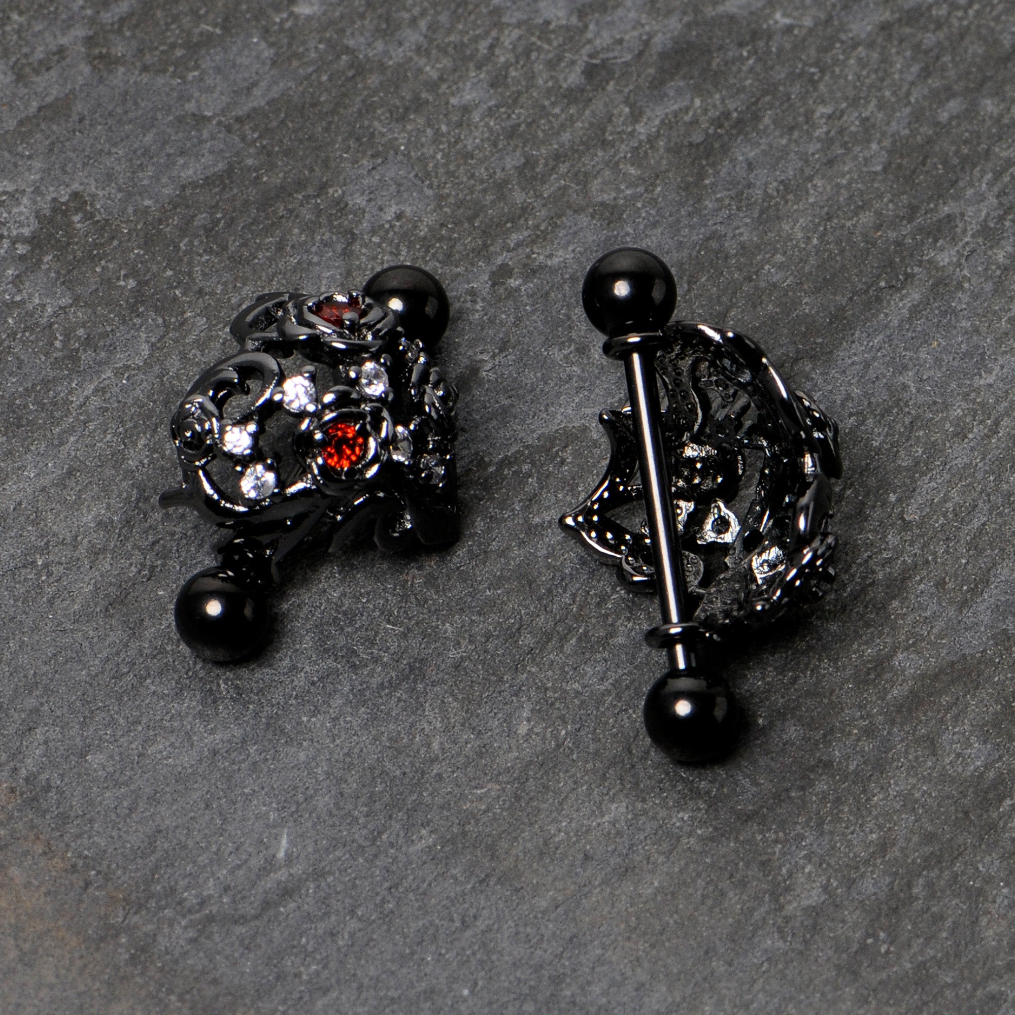 14G 9/16 Red Clear CZ Gem Black Floral Heart Nipple Shield Set