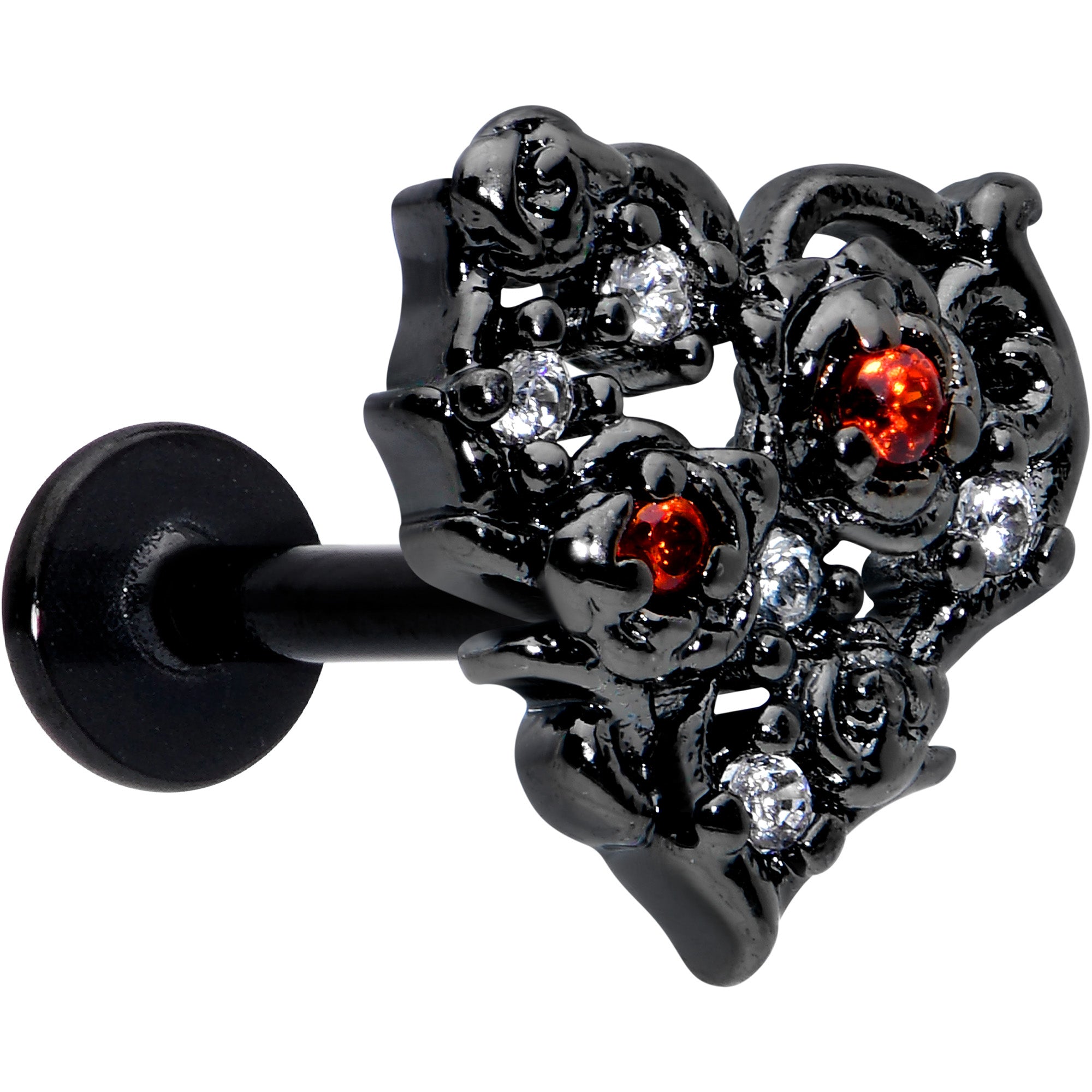 16G 5/16 Red Clear CZ Gem Black Floral Heart Labret Monroe Tragus