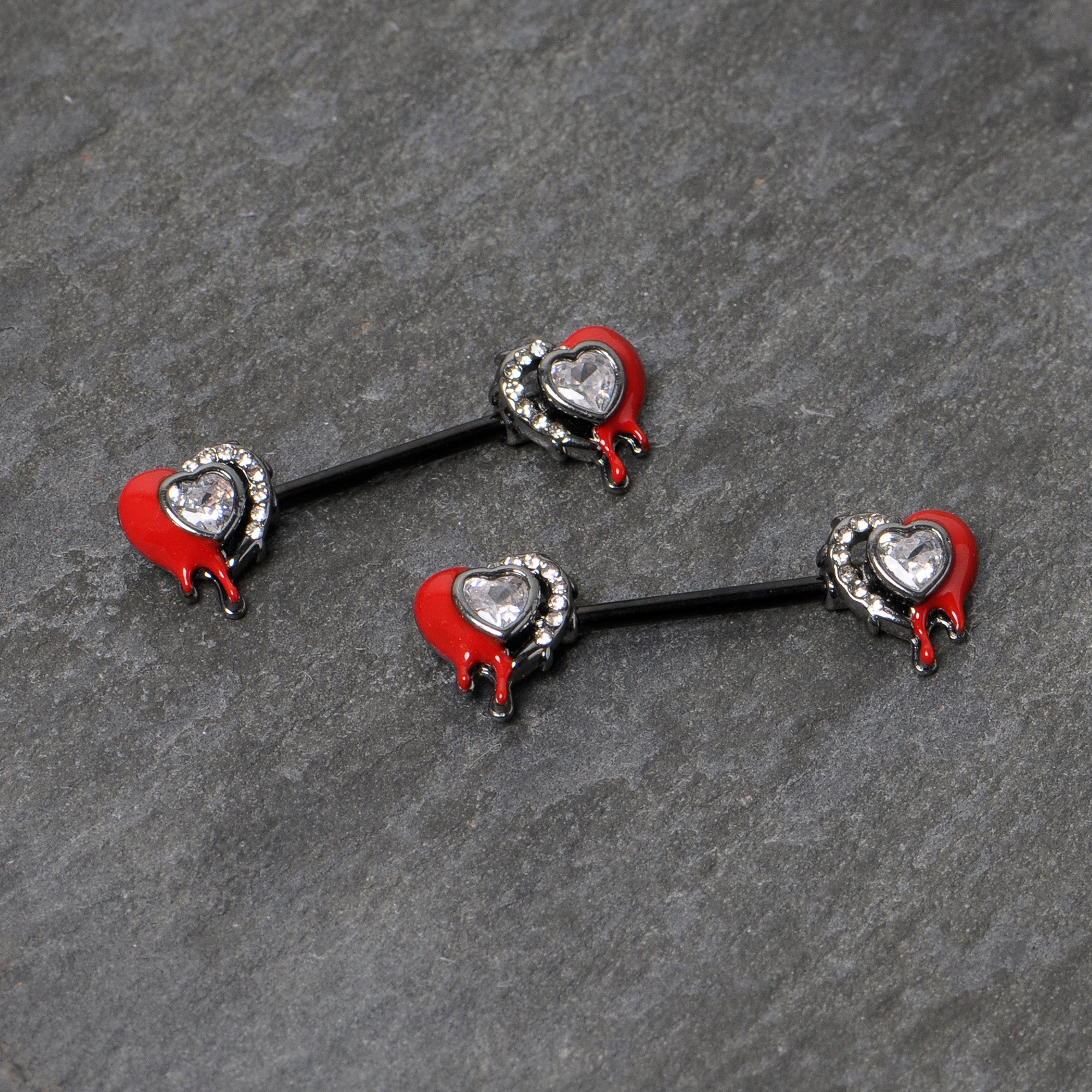 14G 9/16 Clear Gem Black Bleeding Heart Barbell Nipple Ring Set