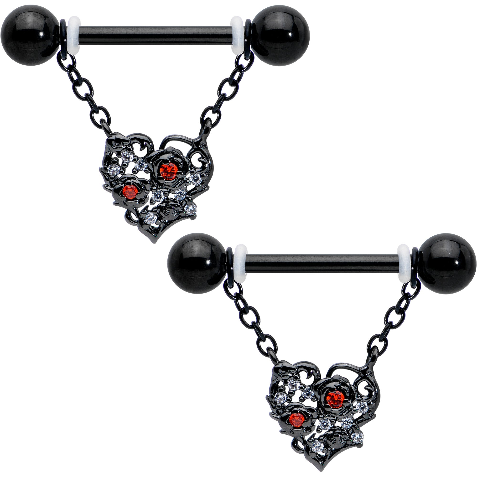 14G 9/16 Red CZ Gem Black Floral Heart Chain Dangle Nipple Ring Set