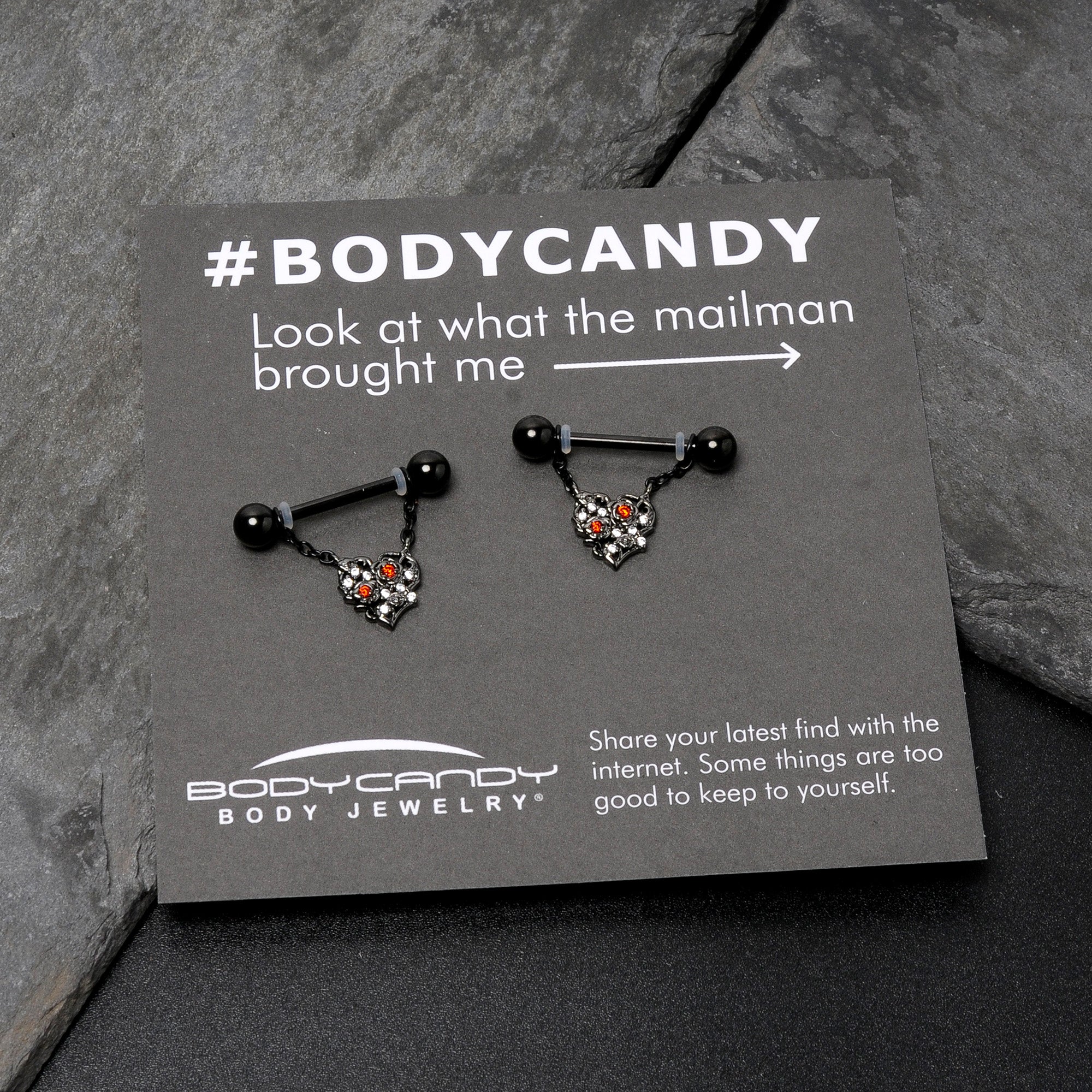 14G 9/16 Red CZ Gem Black Floral Heart Chain Dangle Nipple Ring Set