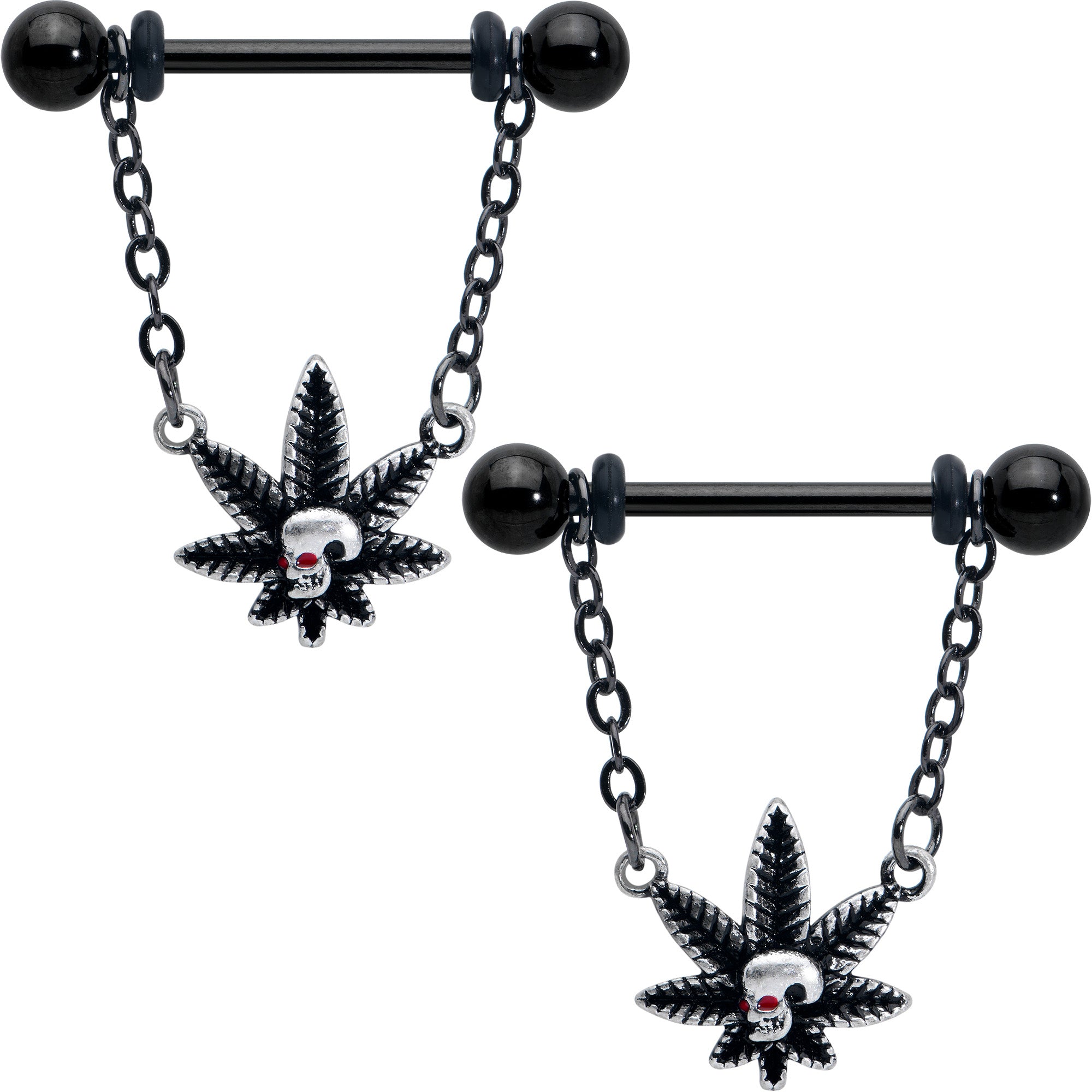 14G 9/16 Red Gem Black Pot Leaf Skull Chain Dangle Nipple Ring Set