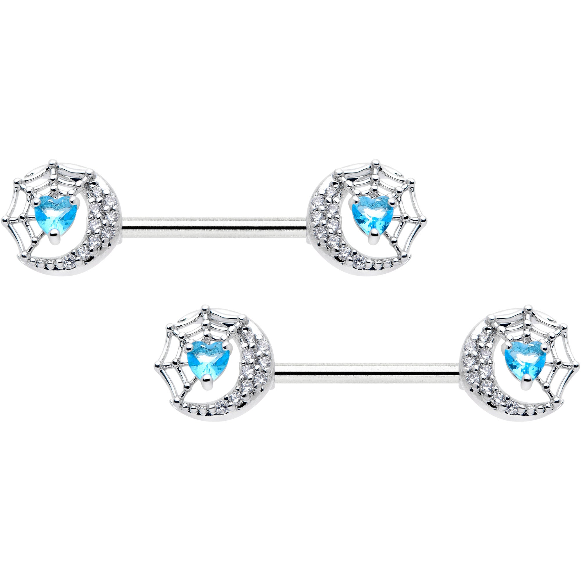 14G 9/16 Blue CZ Gem Heart Web Moon Barbell Nipple Ring Set