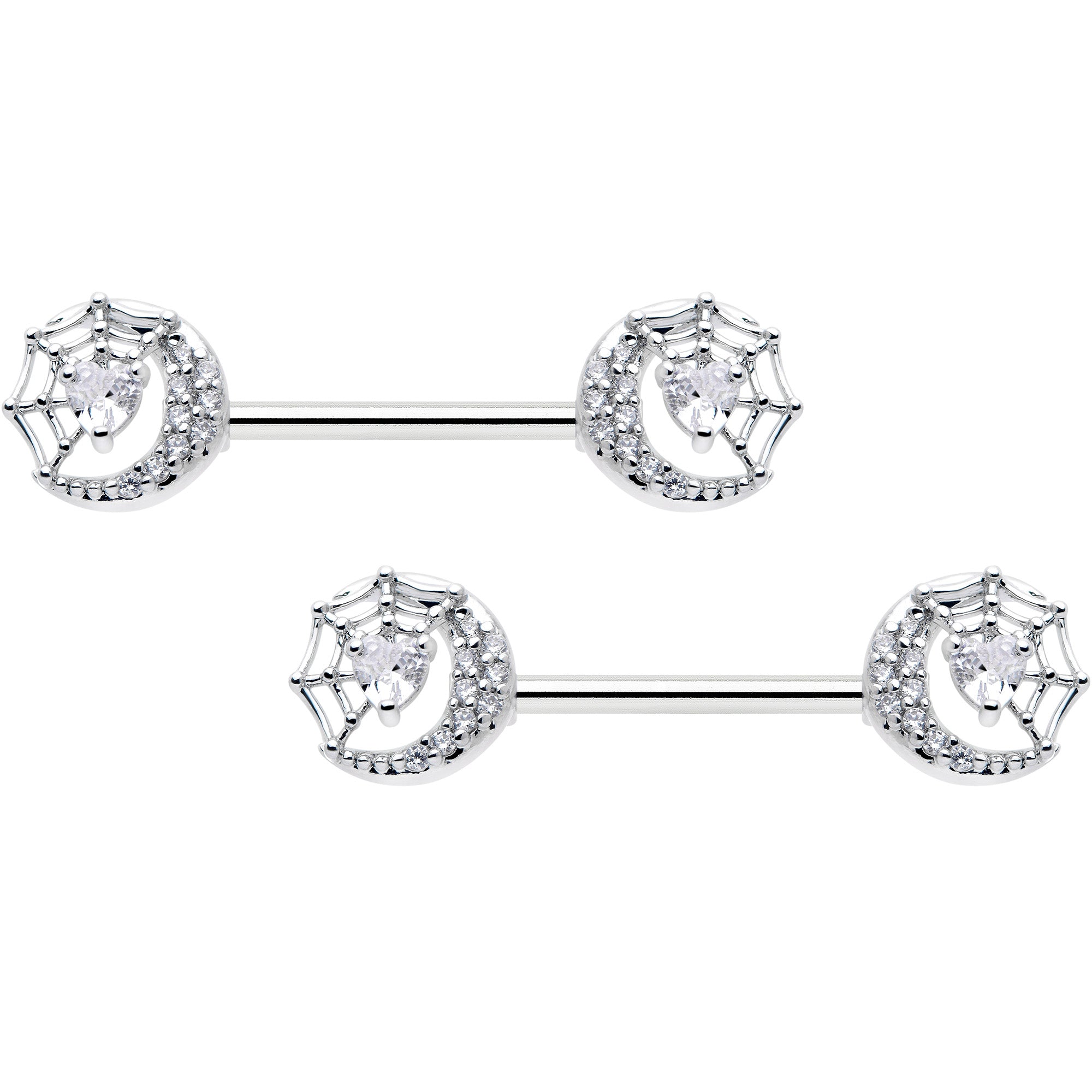 14G 9/16 Clear CZ Gem Heart Web Moon Barbell Nipple Ring Set