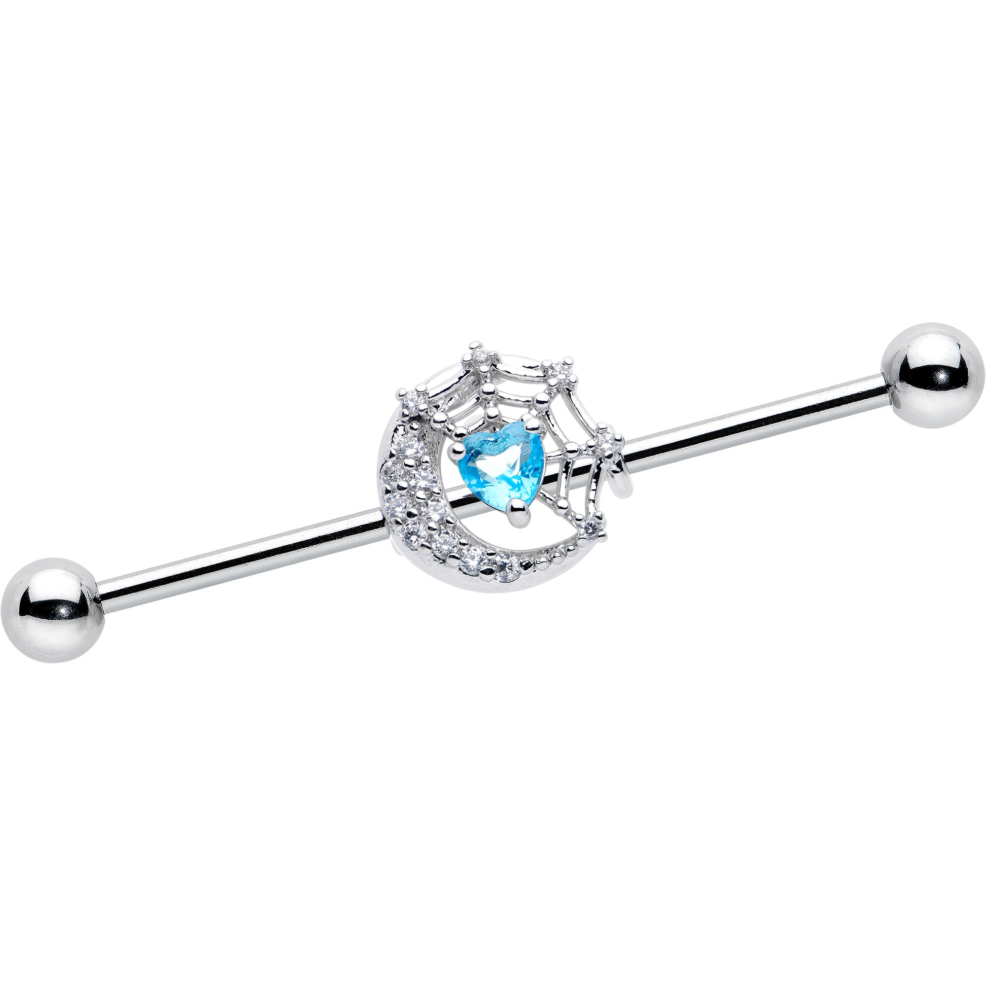 14G Blue CZ Gem Heart Web Moon Industrial Barbell 38mm