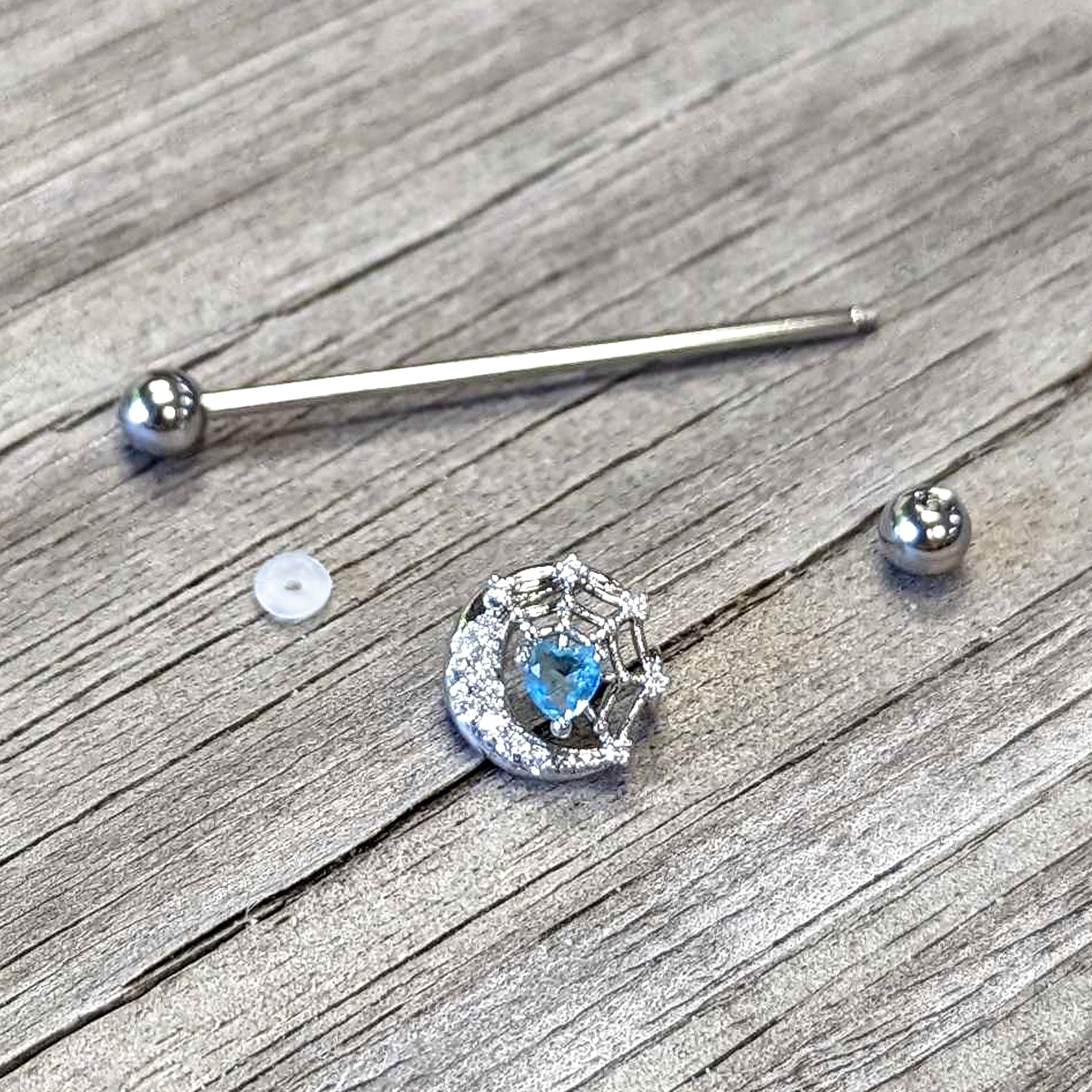 14G Blue CZ Gem Heart Web Moon Industrial Barbell 38mm