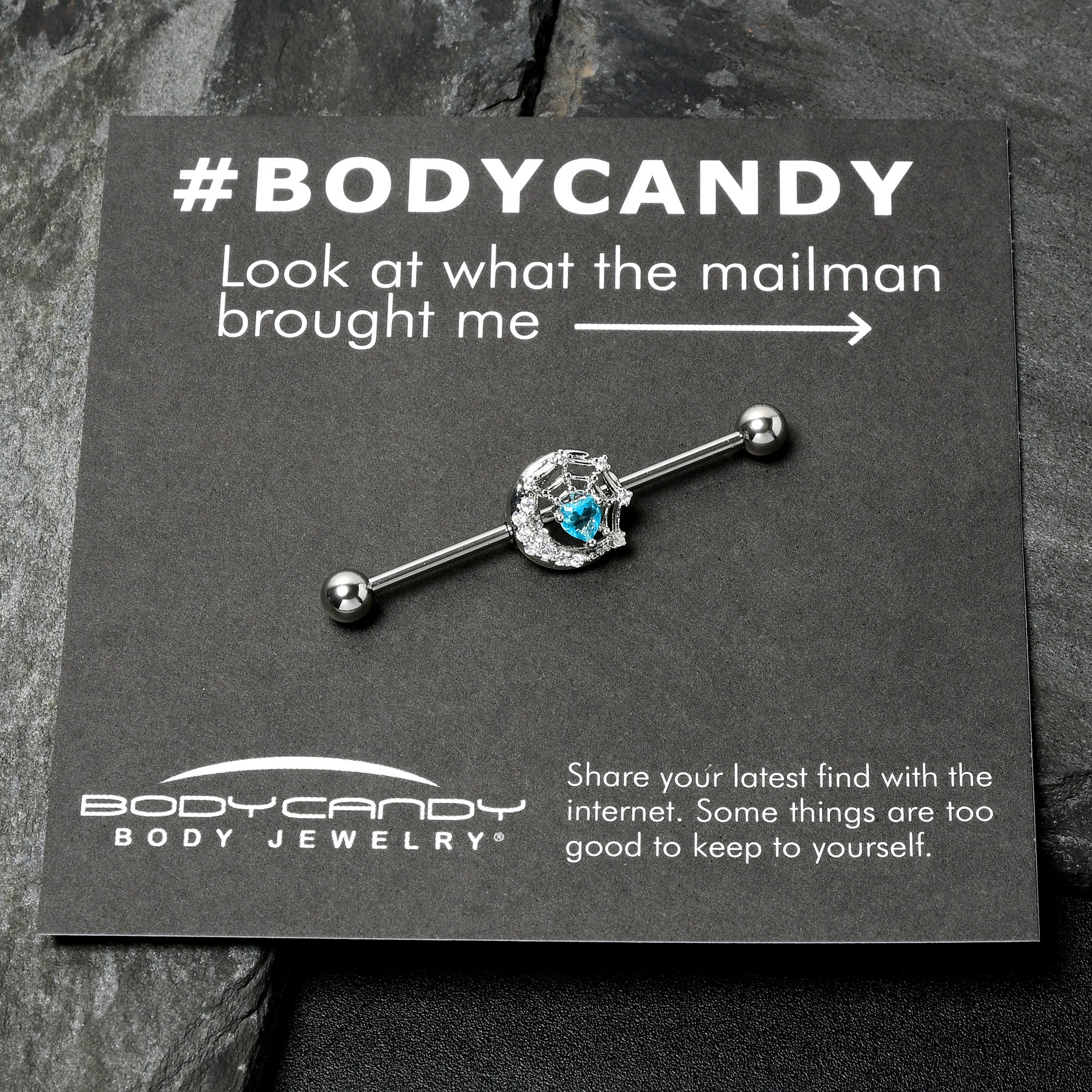 14G Blue CZ Gem Heart Web Moon Industrial Barbell 38mm