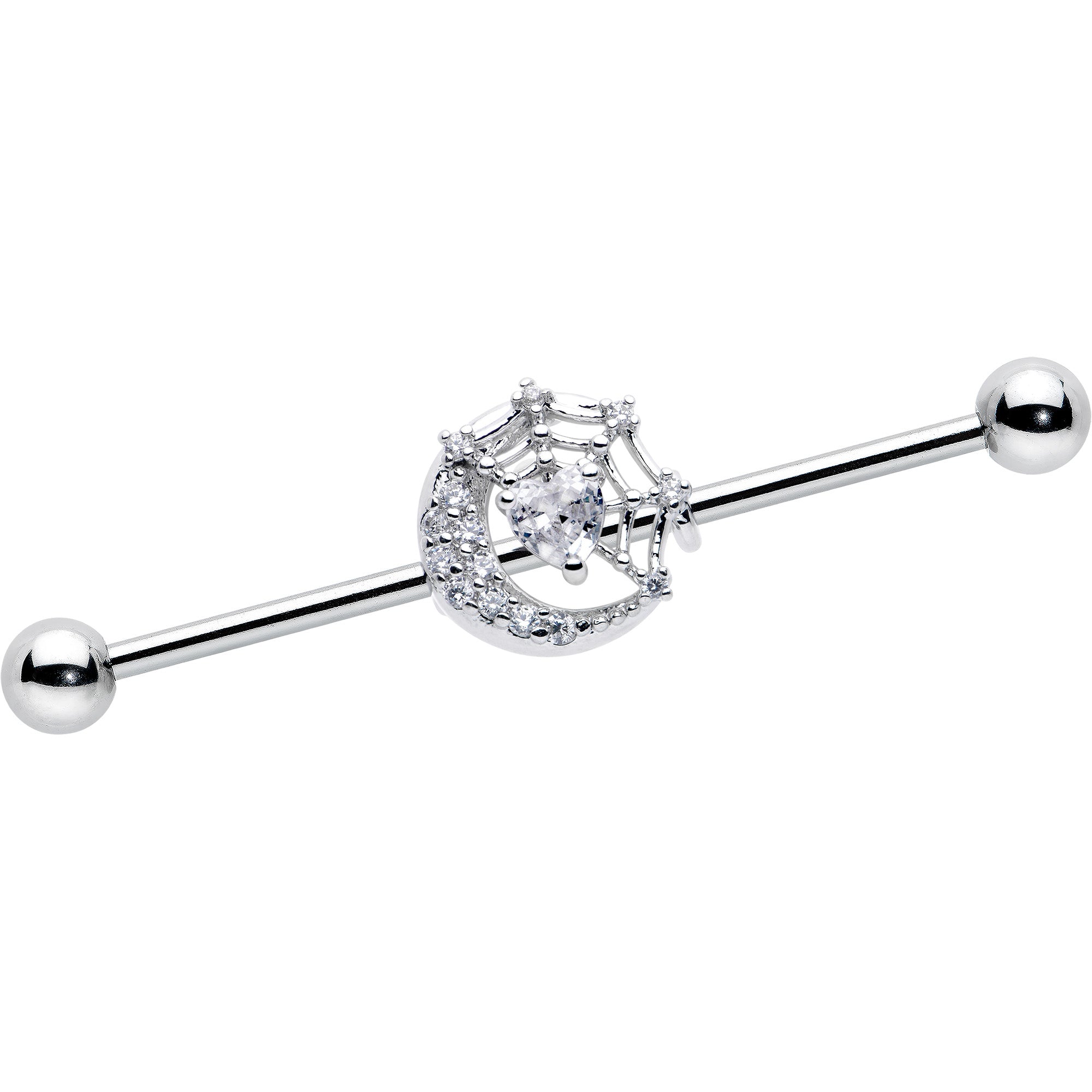 14G Clear CZ Gem Heart Web Moon Industrial Barbell 38mm
