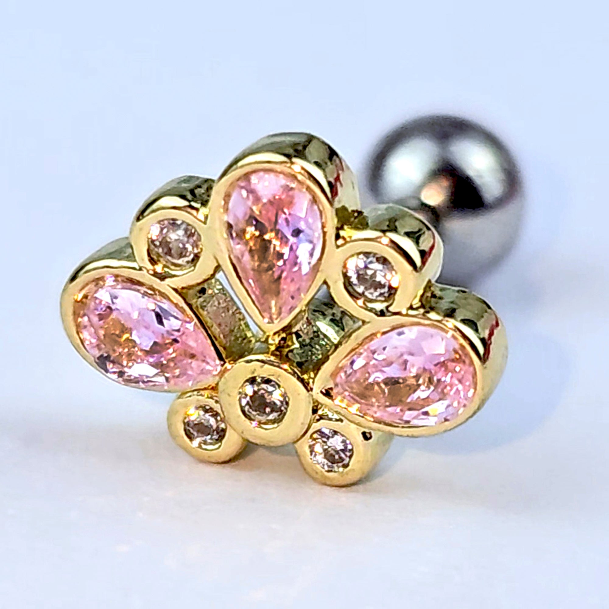 16G 1/4 Pink Gem Golden Crown Deluxe Cartilage Tragus Earring