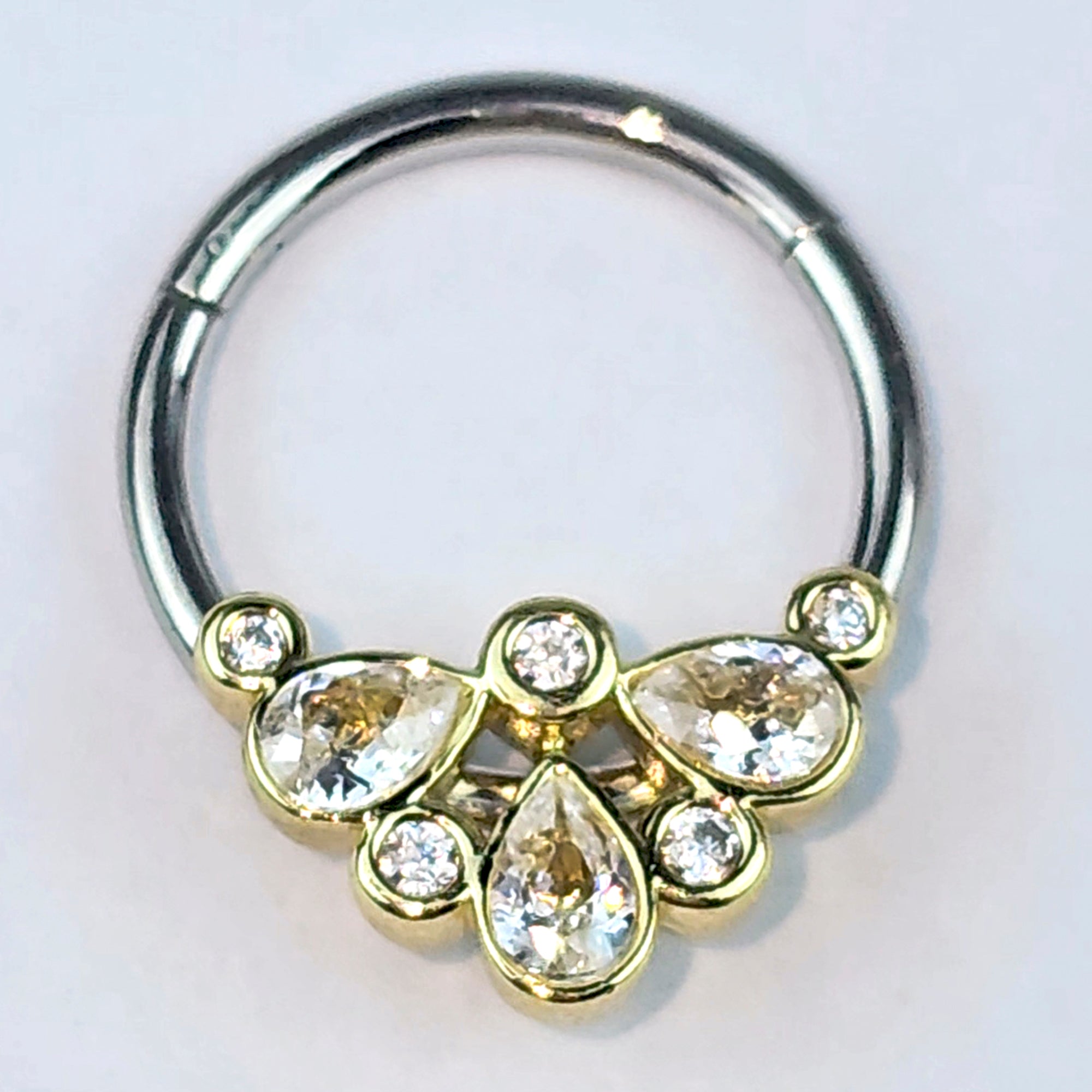16G 3/8 Clear Gem Golden Crown Deluxe Hinged Segment Ring