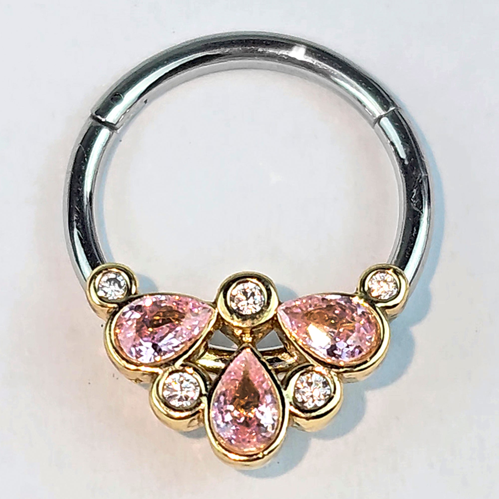 16G 3/8 Pink Gem Golden Crown Deluxe Hinged Segment Ring