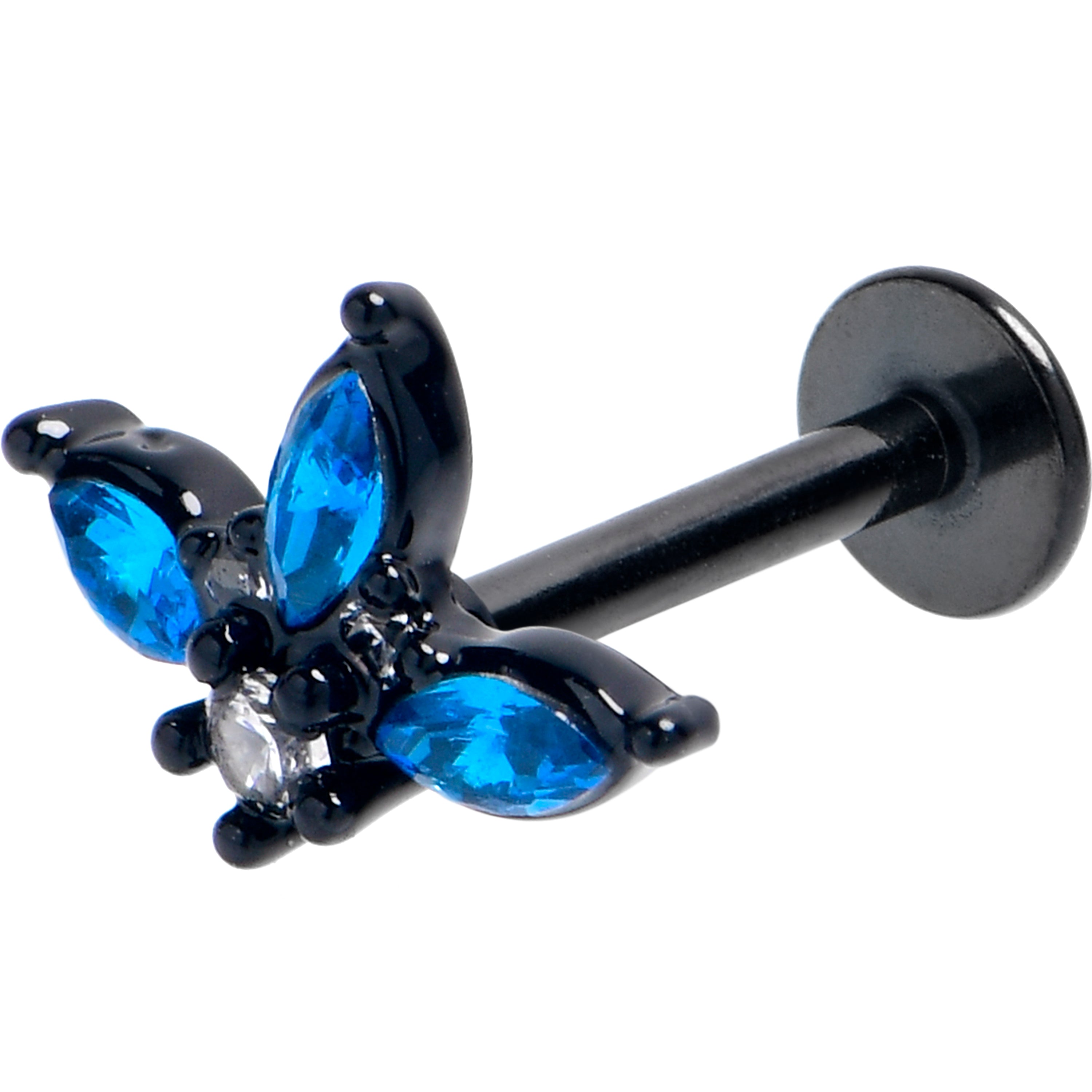 16G 5/16 Blue Clear Gem Black Goth Flower Labret Monroe Tragus