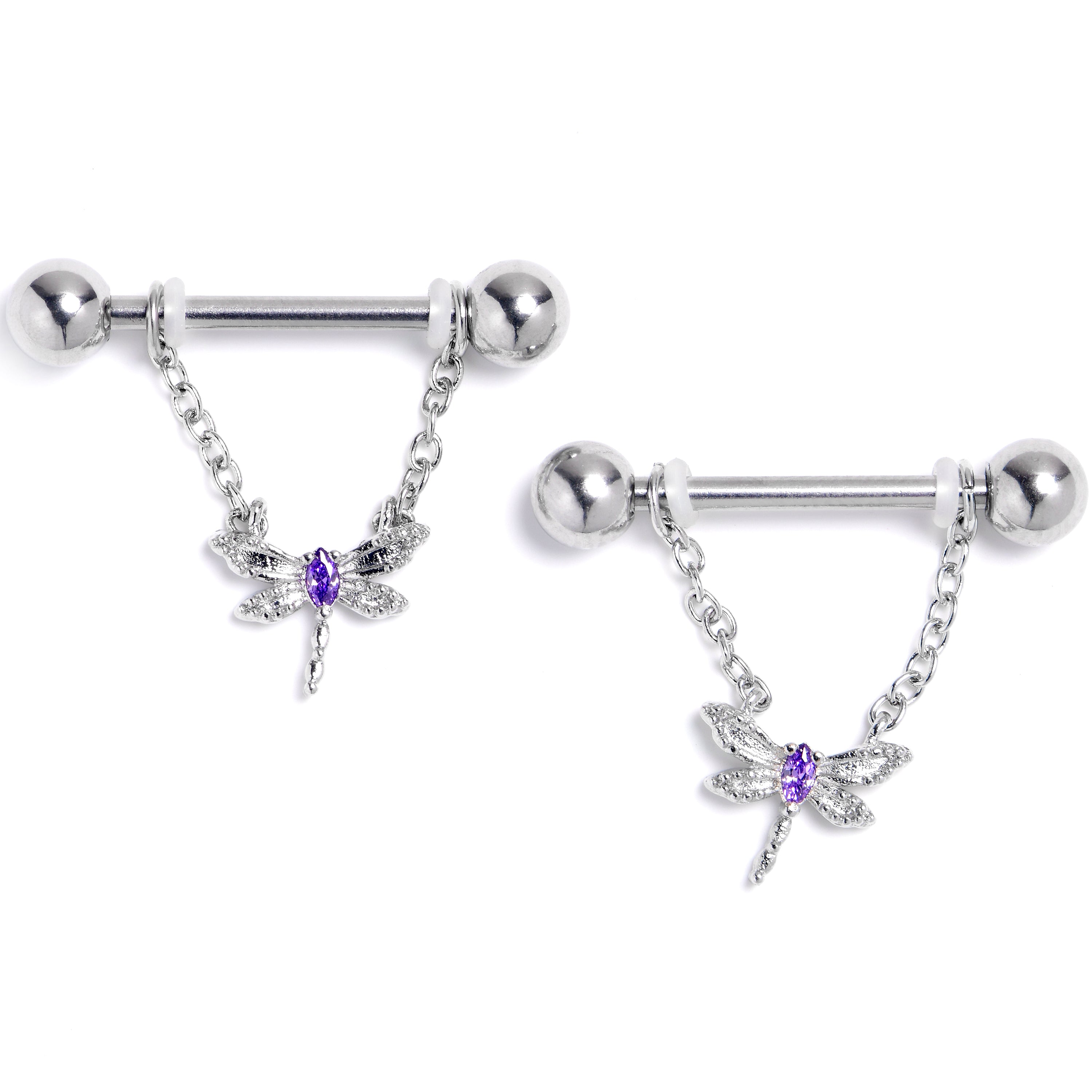 14G 9/16 Purple Gem Texture Dragonfly Dangle Nipple Ring Set