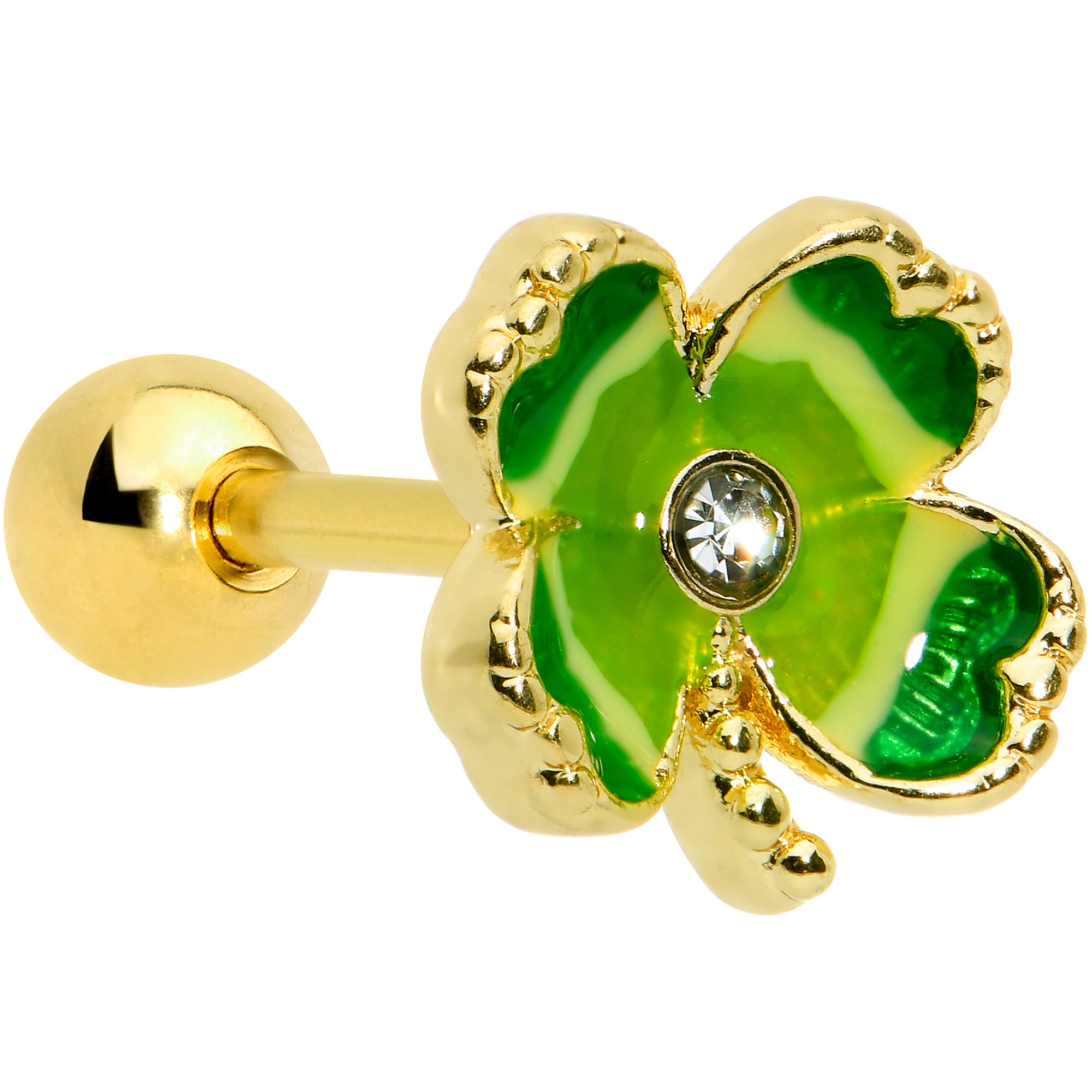16G 1/4 Clear Gem Gold Hue Lucky Shamrock Cartilage Tragus Earring