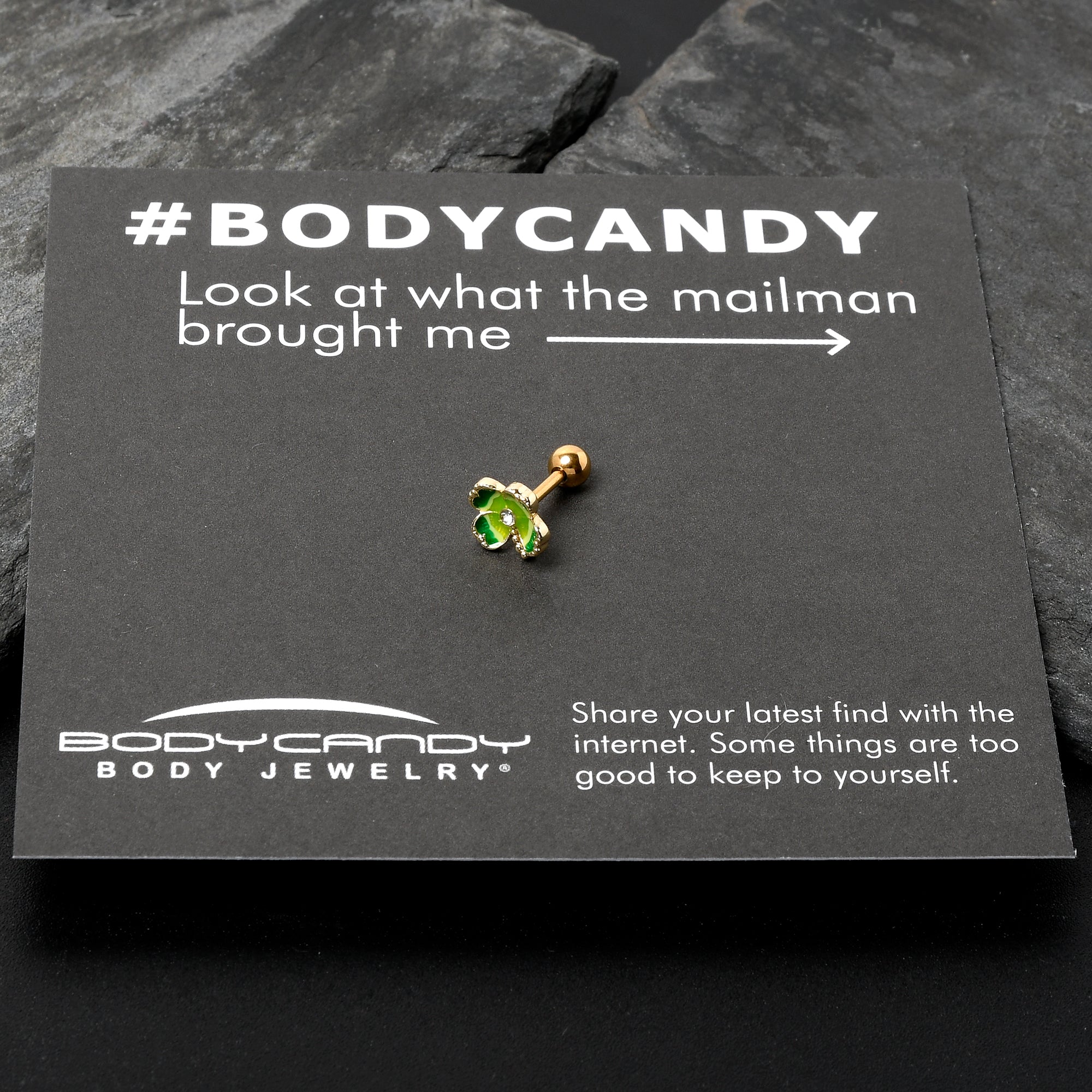 16G 1/4 Clear Gem Gold Hue Lucky Shamrock Cartilage Tragus Earring