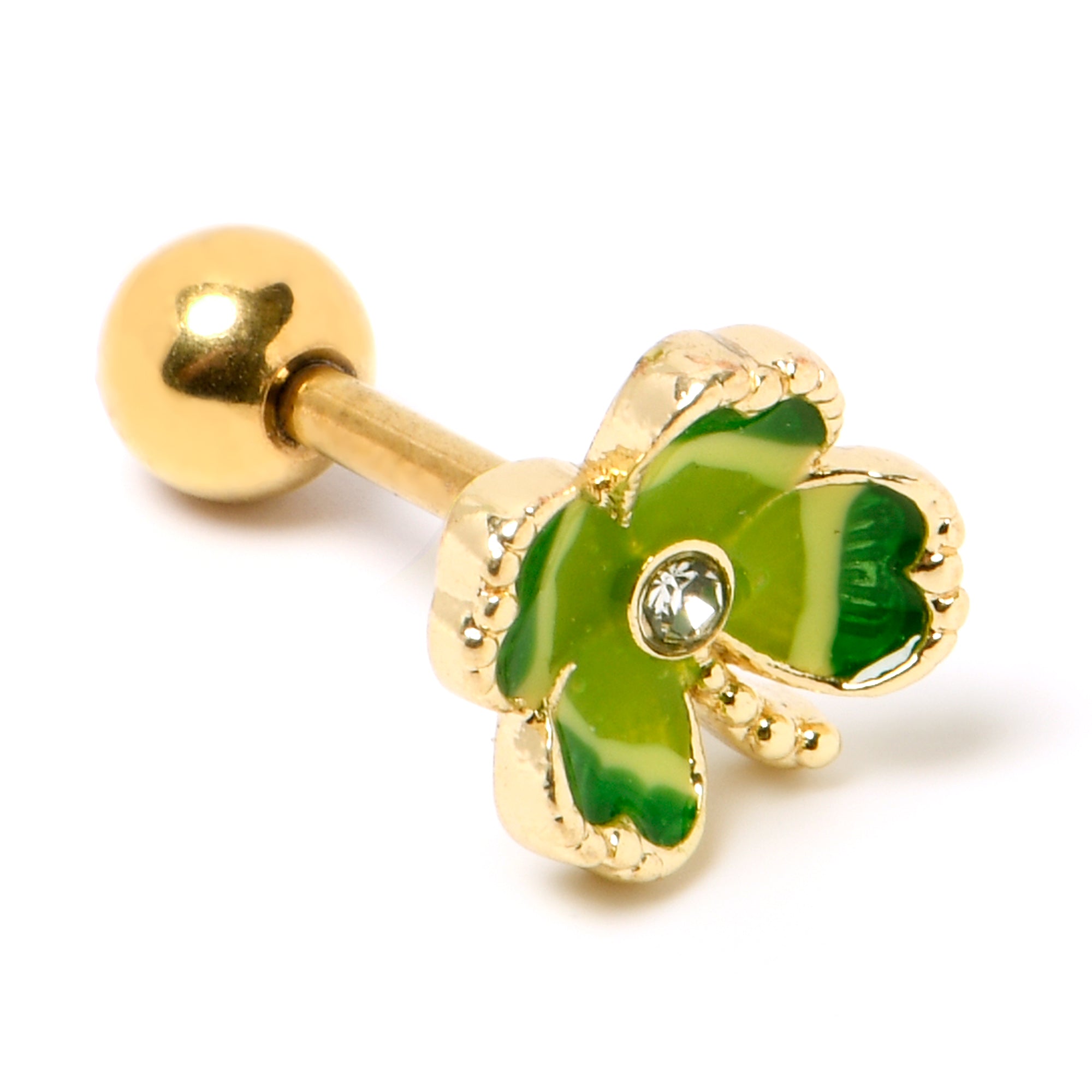 16G 1/4 Clear Gem Gold Hue Lucky Shamrock Cartilage Tragus Earring