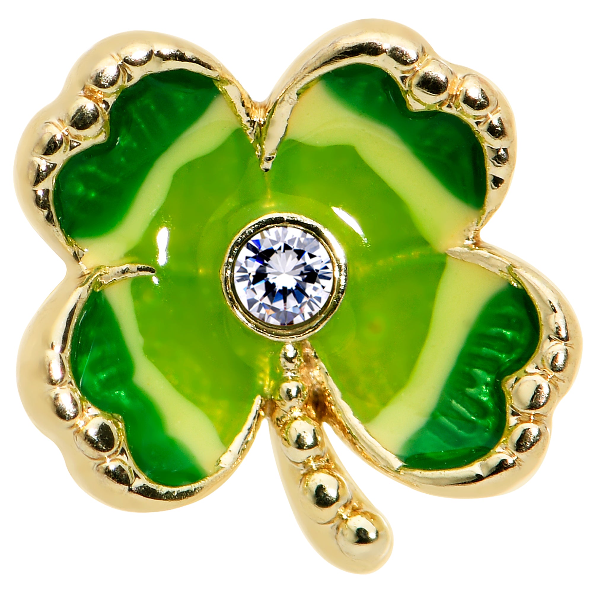 16G 1/4 Clear Gem Gold Hue Lucky Shamrock Cartilage Tragus Earring