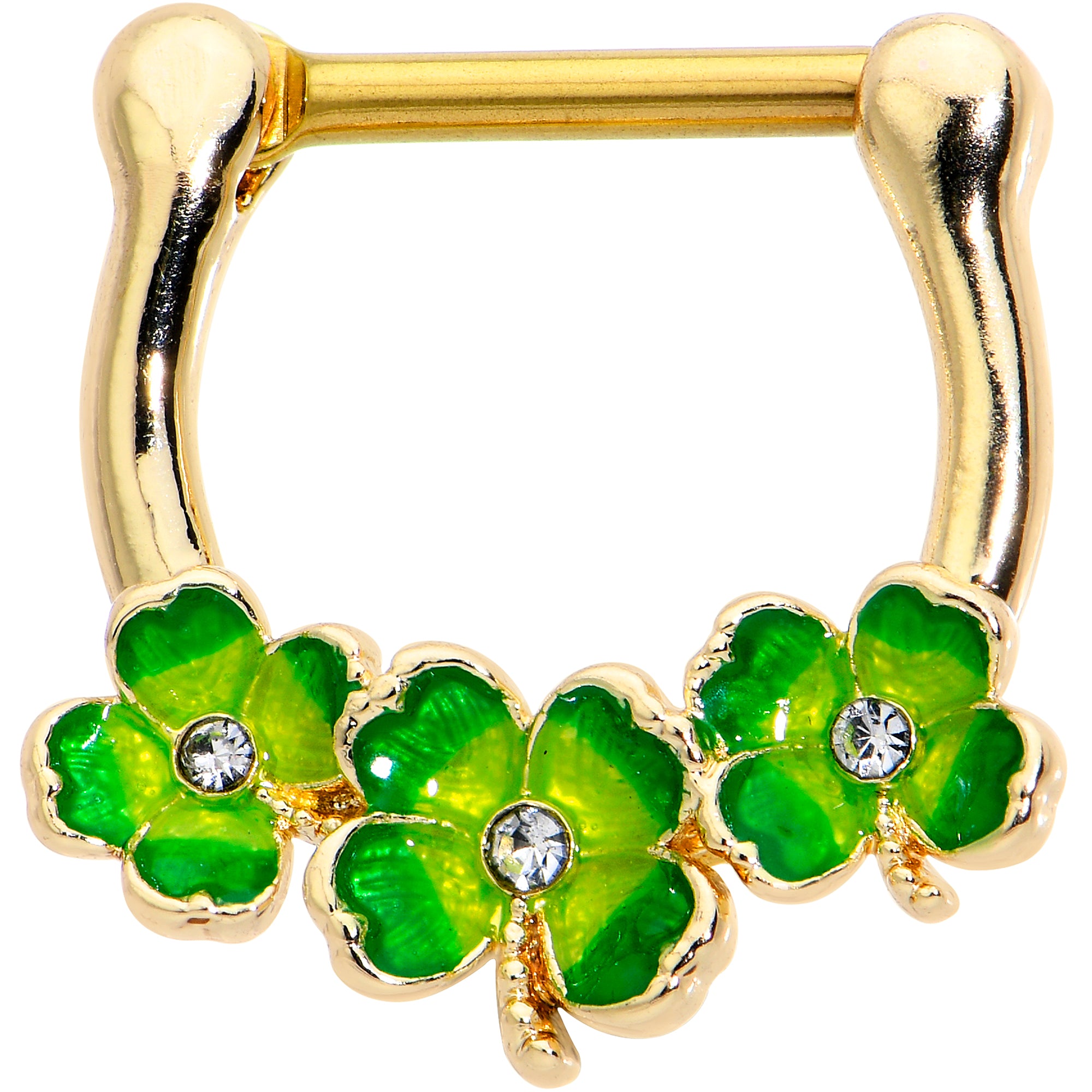 16G 5/16 Clear Gem Gold Tone Lucky Shamrock Cartilage Clicker