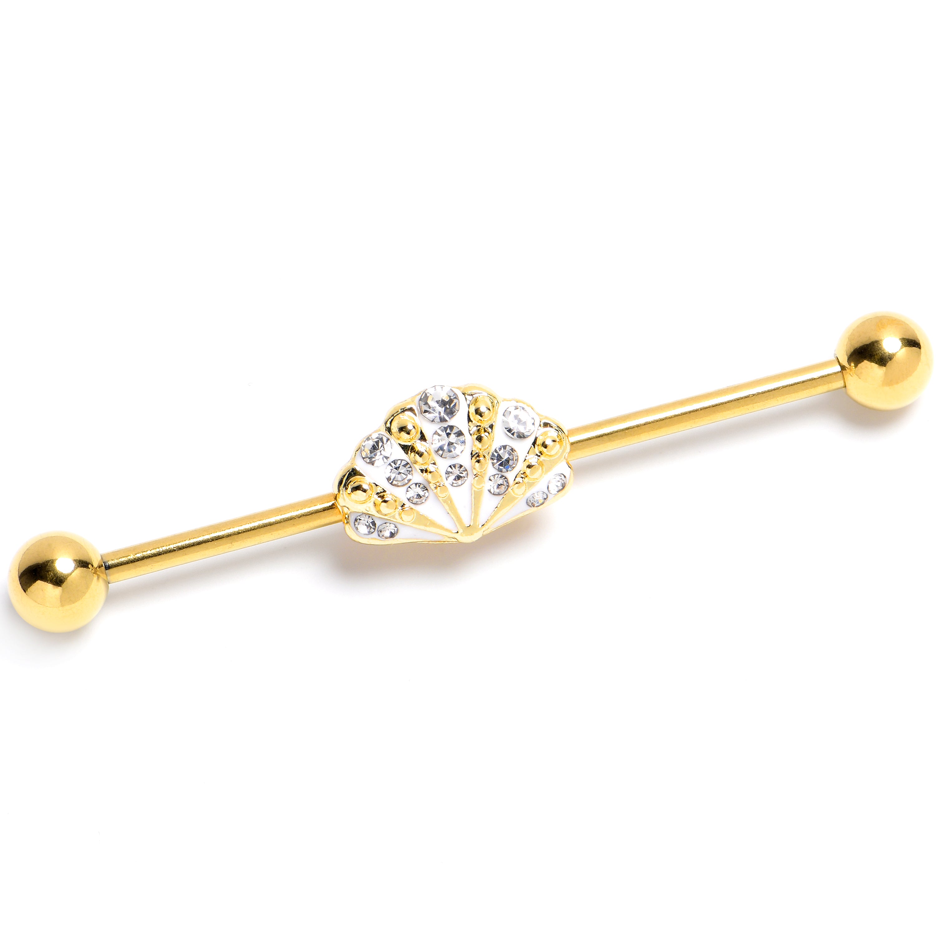 14G Clear Gem Gold Tone Luxe Sea Shell Glam Industrial Barbell 38mm
