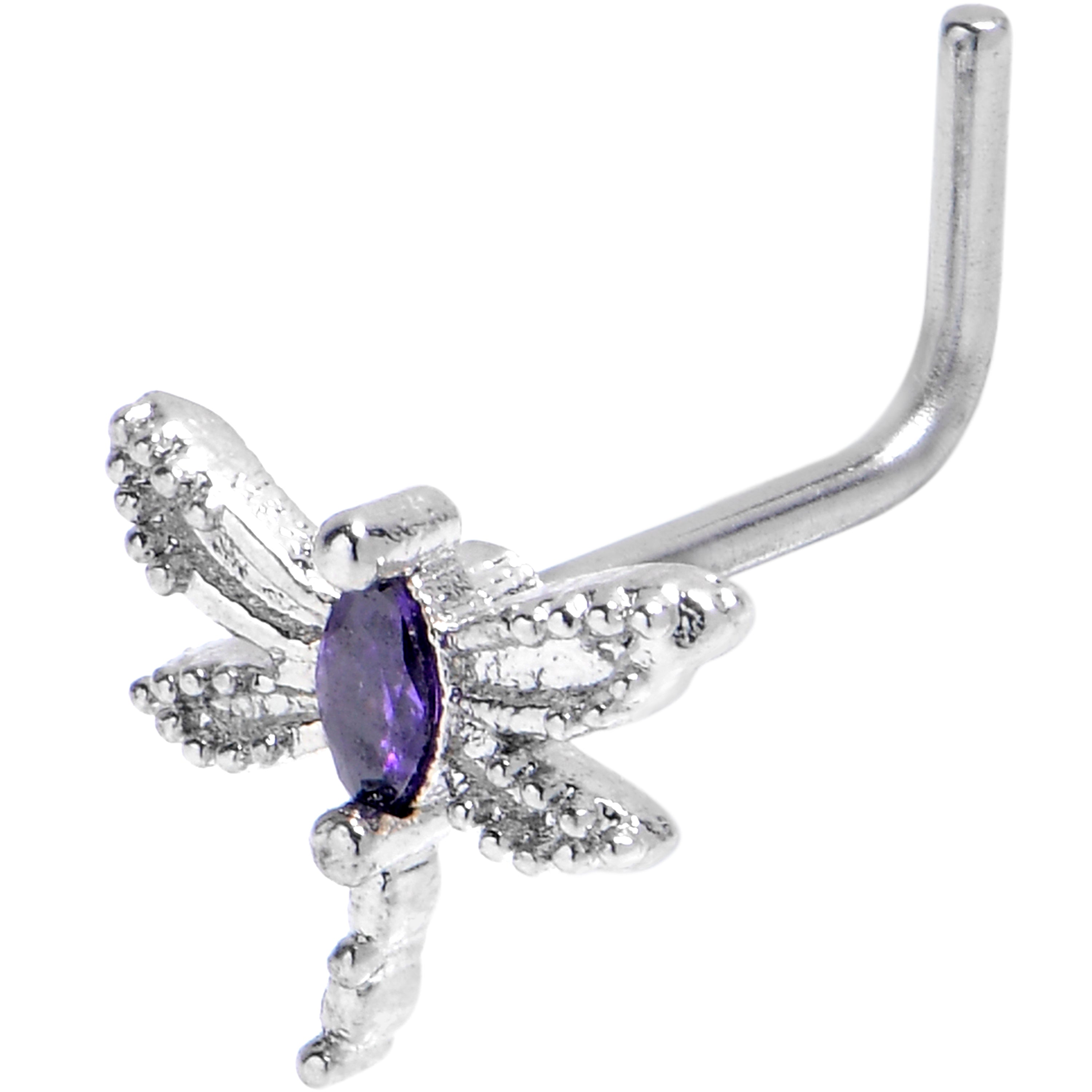 20G 7mm Purple Gem Texture Butterfly L Shape Nose Ring