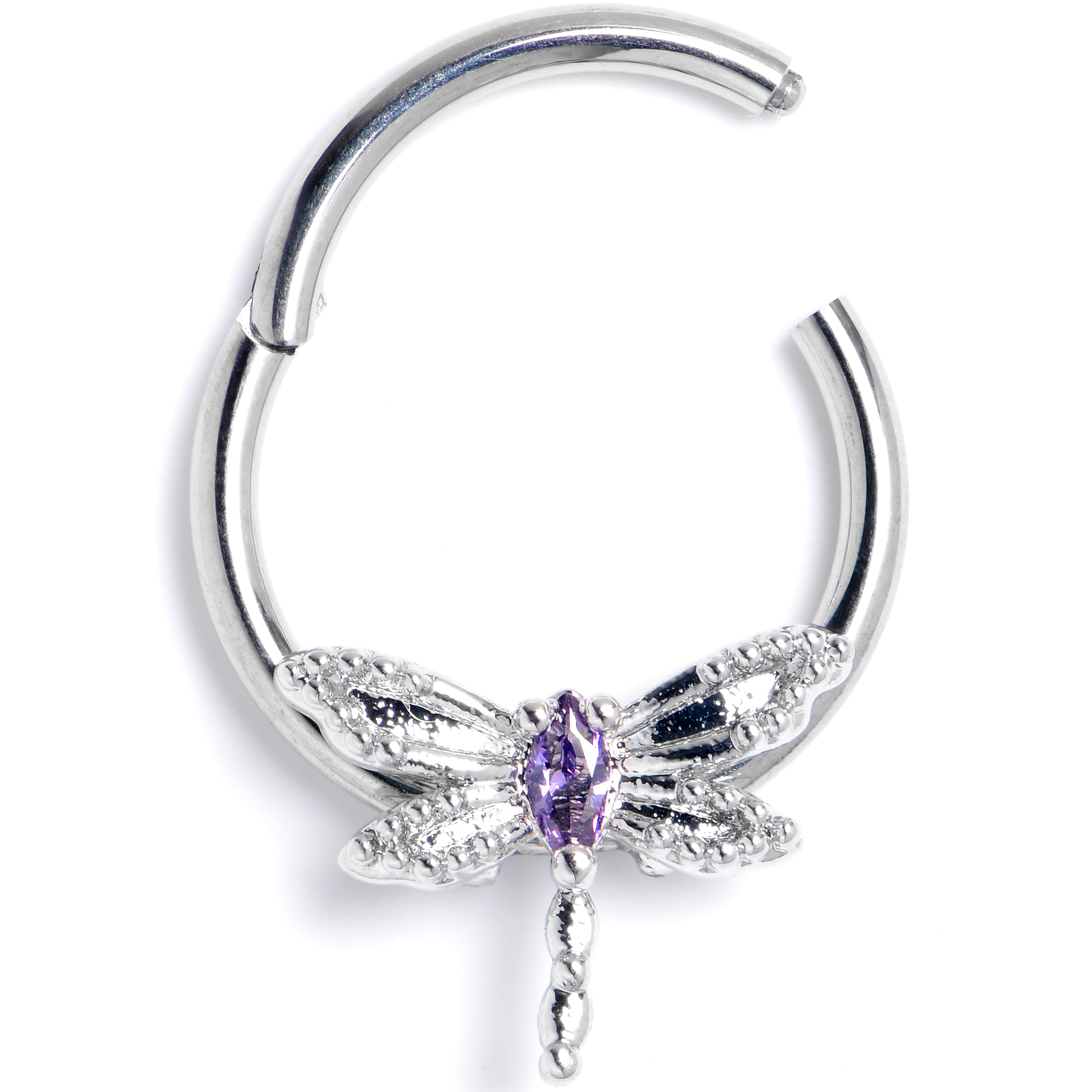 16G 3/8 Purple Gem Texture Dragonfly Hinged Segment Ring