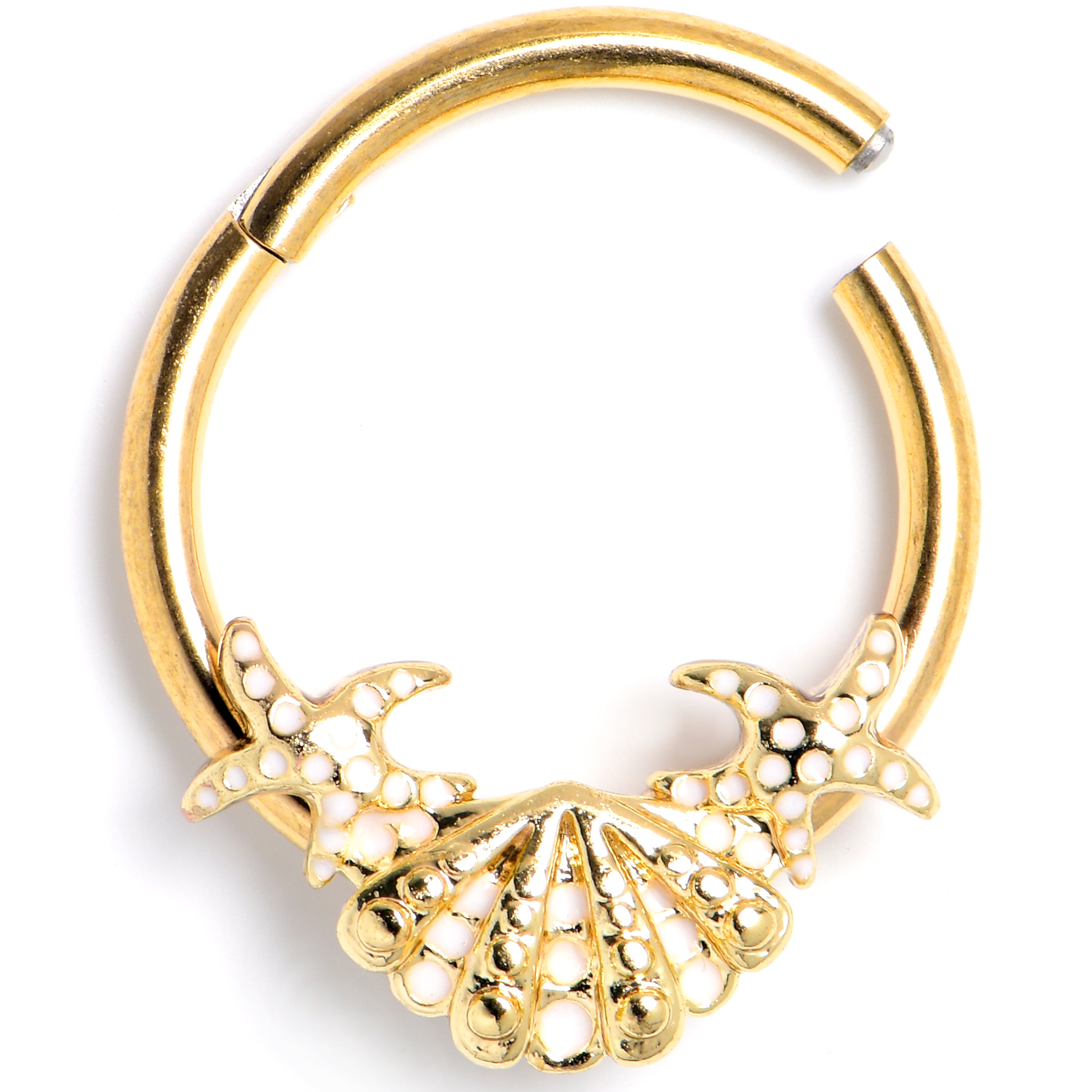 16G 3/8 Gold Tone Luxe Sea Shell Glam Starfish Hinged Segment RIng