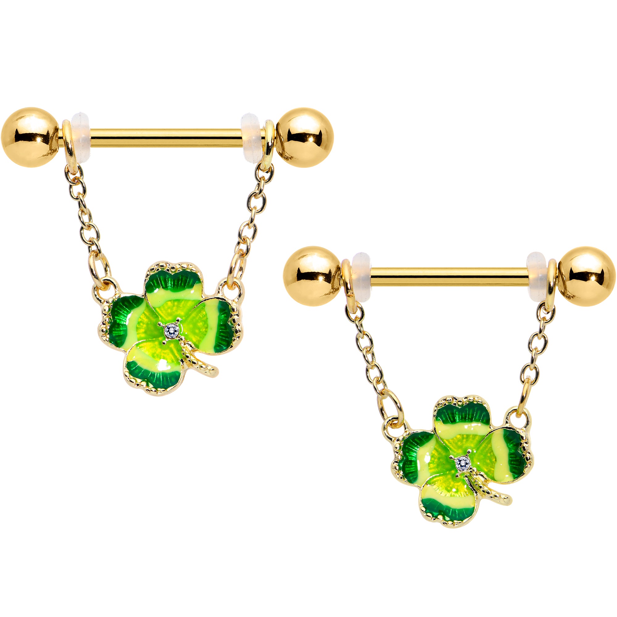 14G 9/16 Clear Gem Gold Hue Lucky Shamrock Dangle Nipple Ring Set