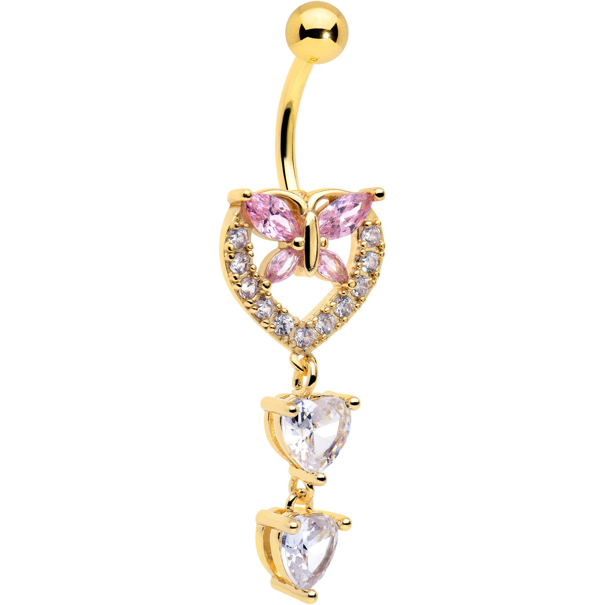 Reverse Heart Wings CZ Gem Belly Ring - 14g Surgical Steel Navel Bar In Clear, Pink, Red