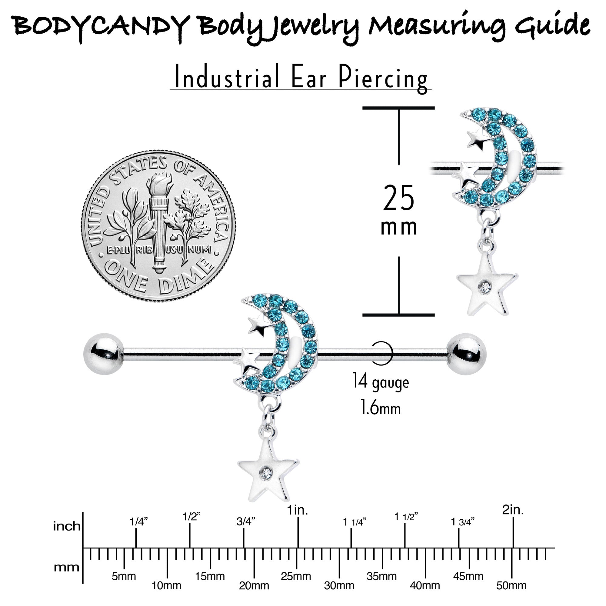 14G Blue CZ Gem Moon Dangle Star Industrial Barbell 38mm