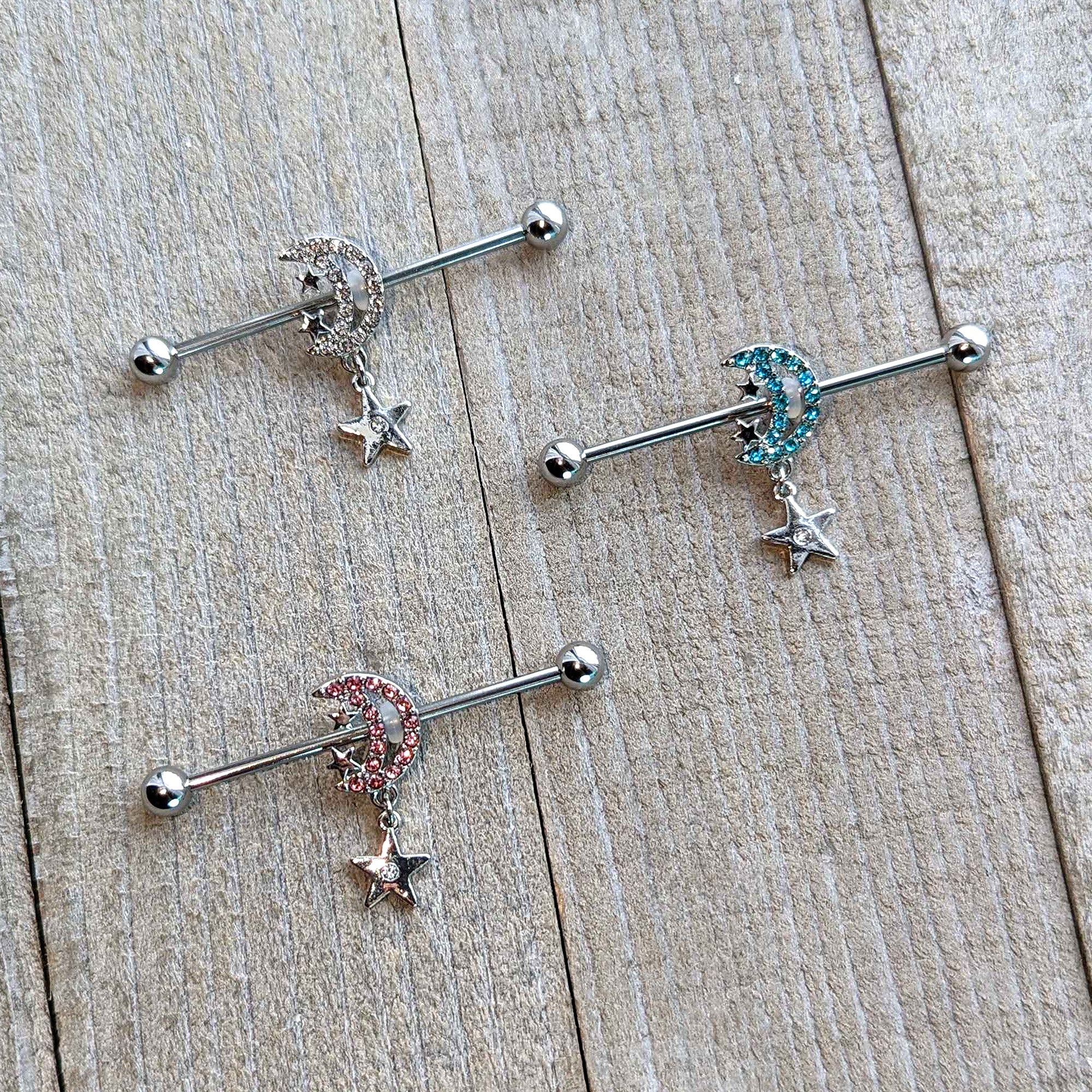 14G Blue CZ Gem Moon Dangle Star Industrial Barbell 38mm