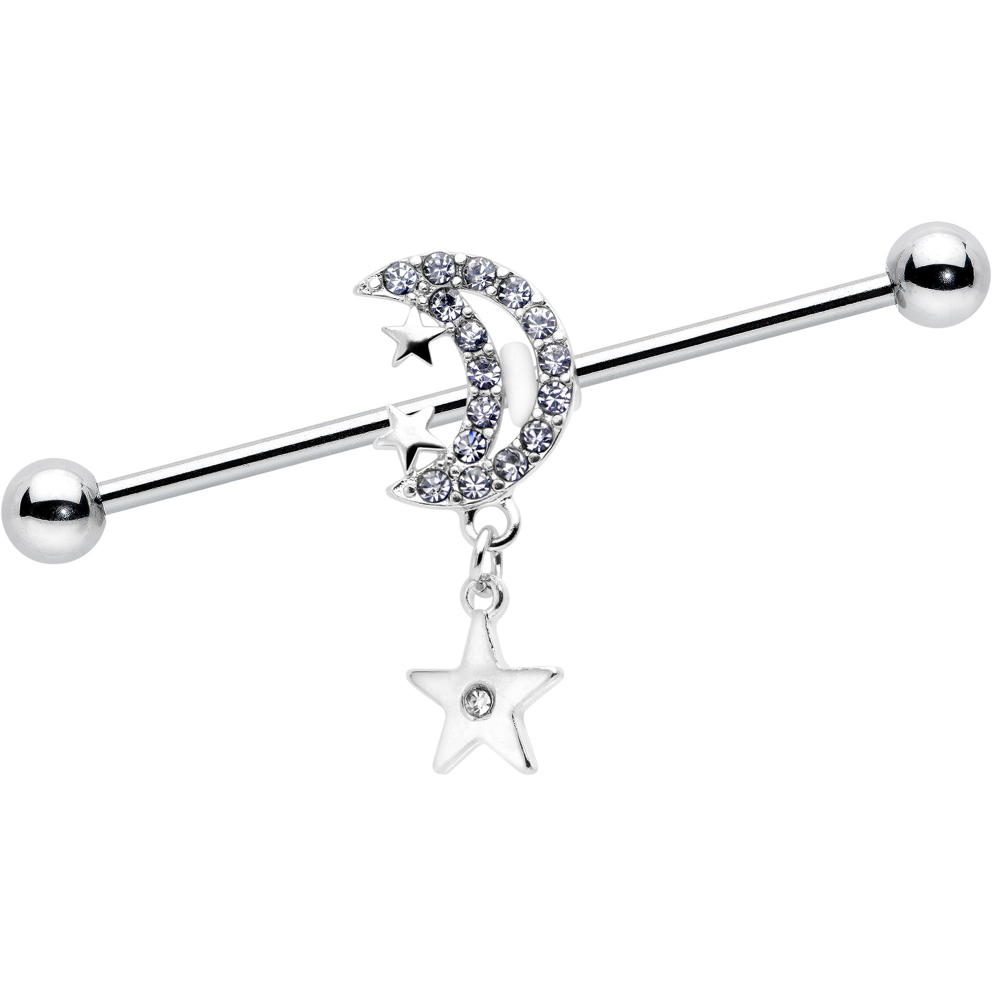 14G Clear CZ Gem Moon Dangle Star Industrial Barbell 38mm