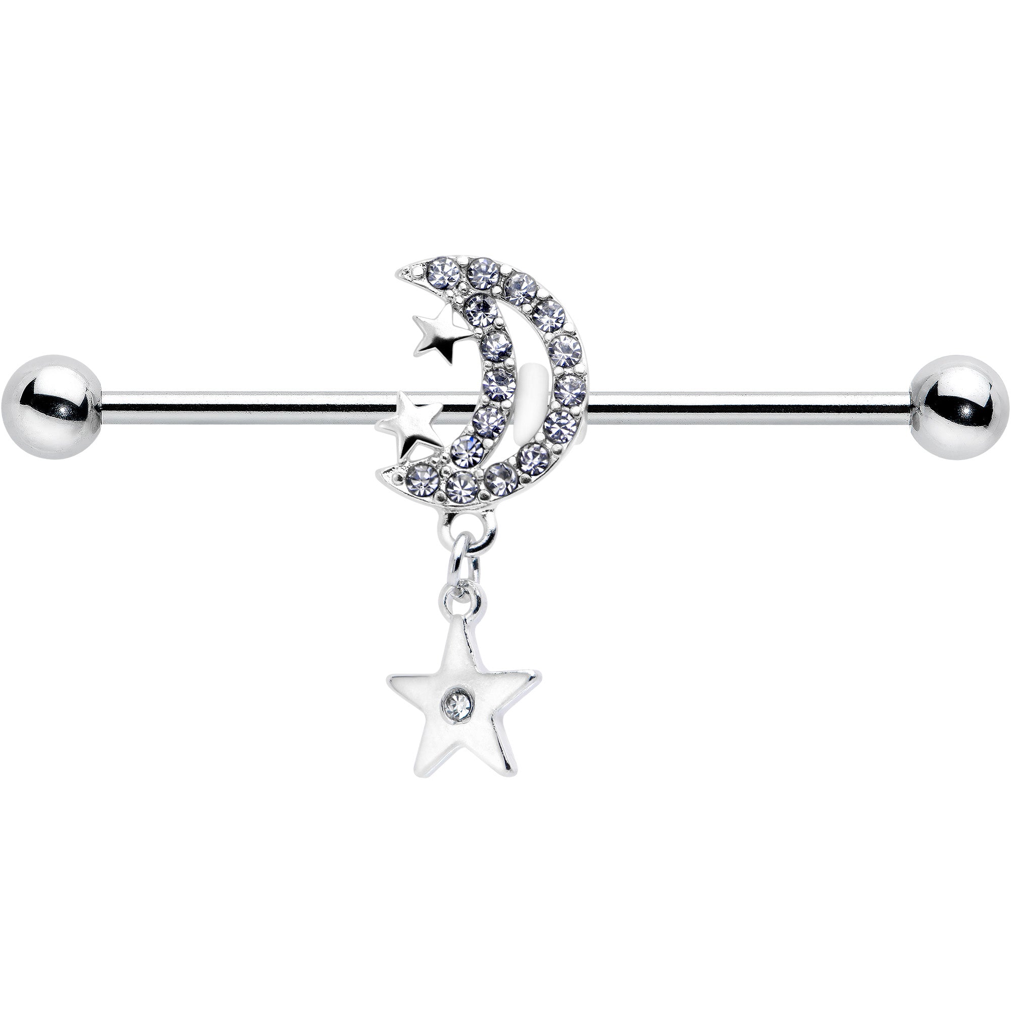 14G Clear CZ Gem Moon Dangle Star Industrial Barbell 38mm