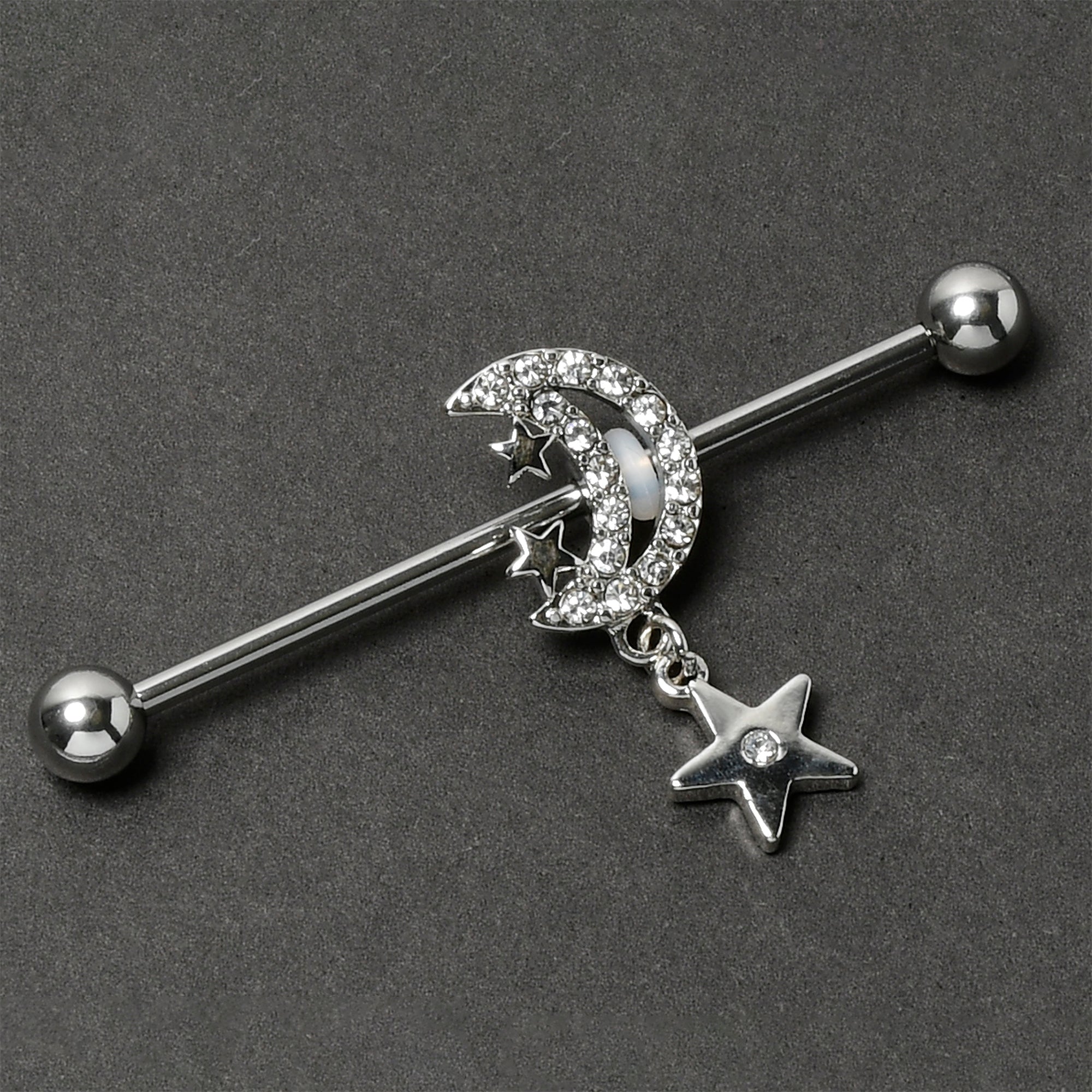 14G Clear CZ Gem Moon Dangle Star Industrial Barbell 38mm
