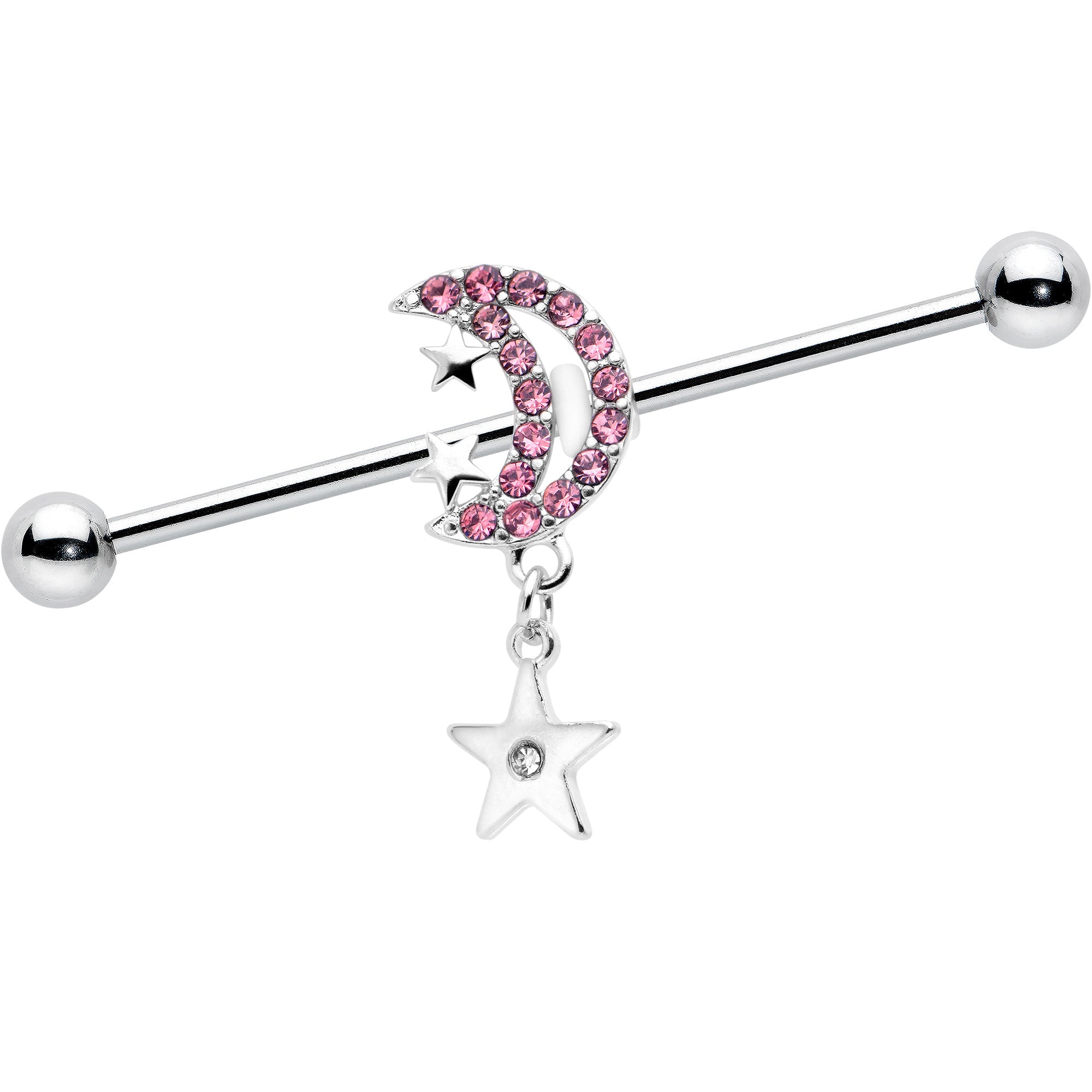 14G Pink CZ Gem Moon Dangle Star Industrial Barbell 38mm
