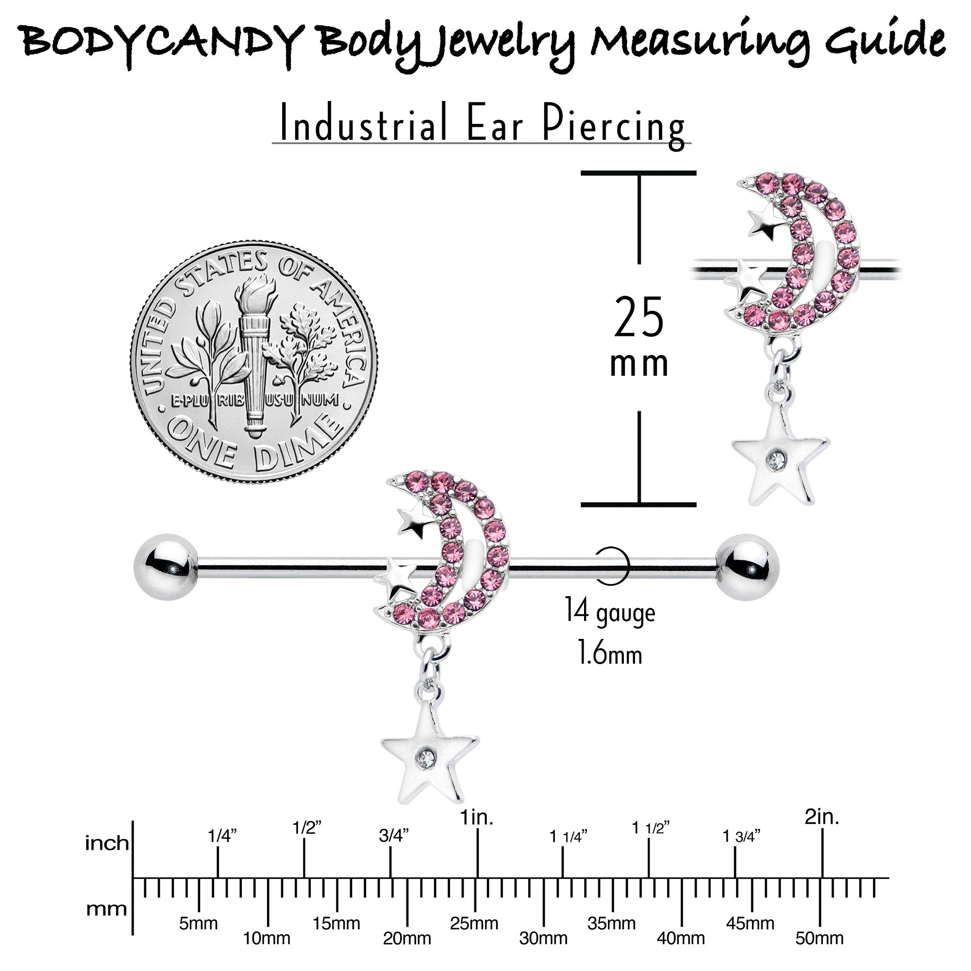 14G Pink CZ Gem Moon Dangle Star Industrial Barbell 38mm