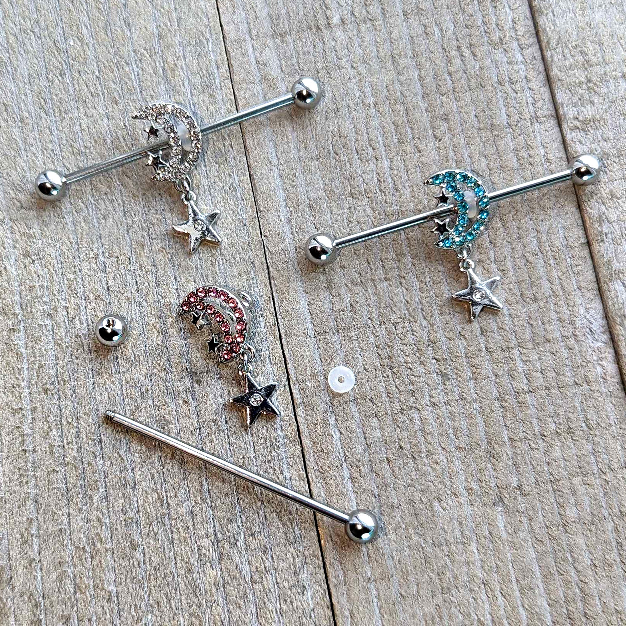 14G Pink CZ Gem Moon Dangle Star Industrial Barbell 38mm
