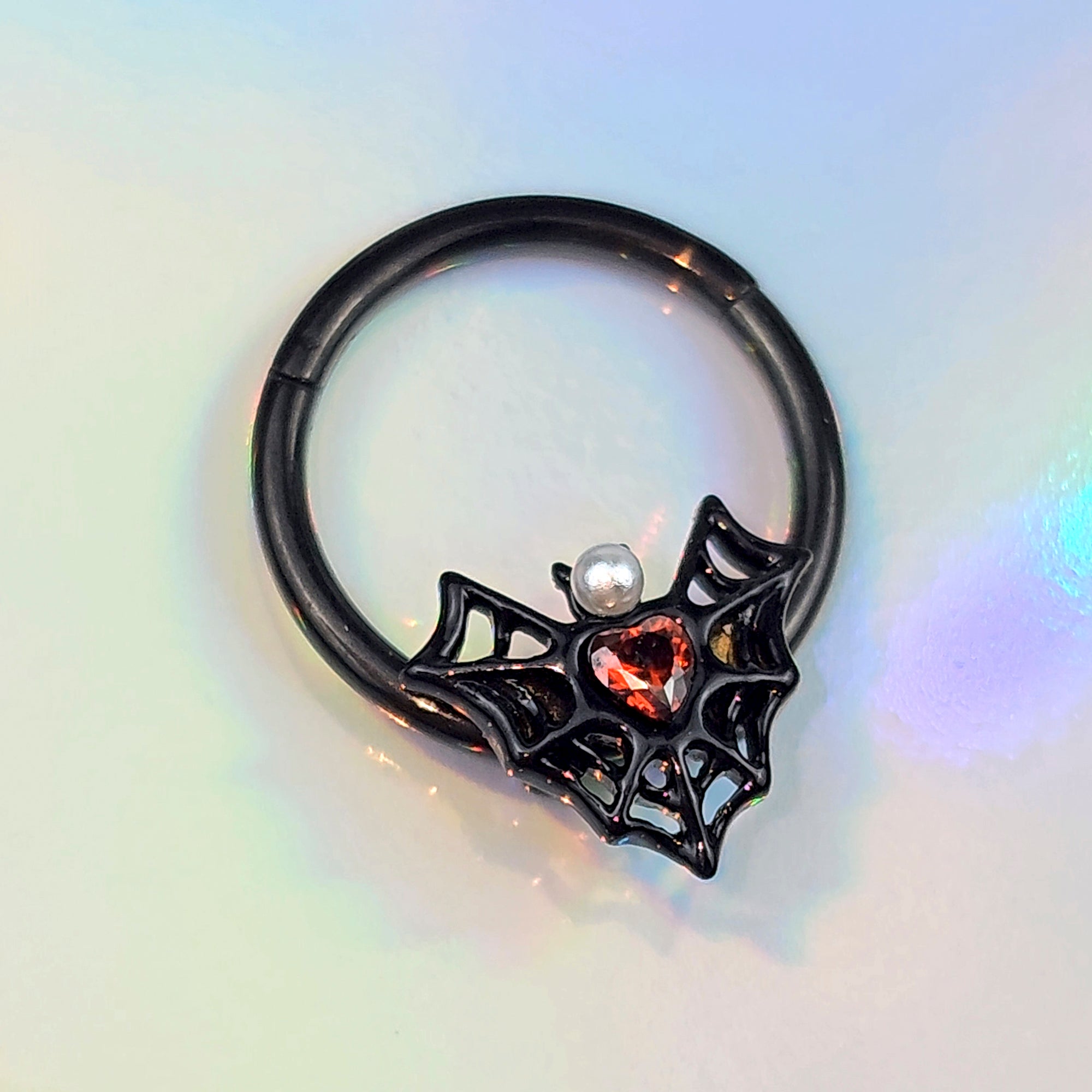 16G 3/8 Red Gem Black Gothic Bat Heart Hinged Segment Ring