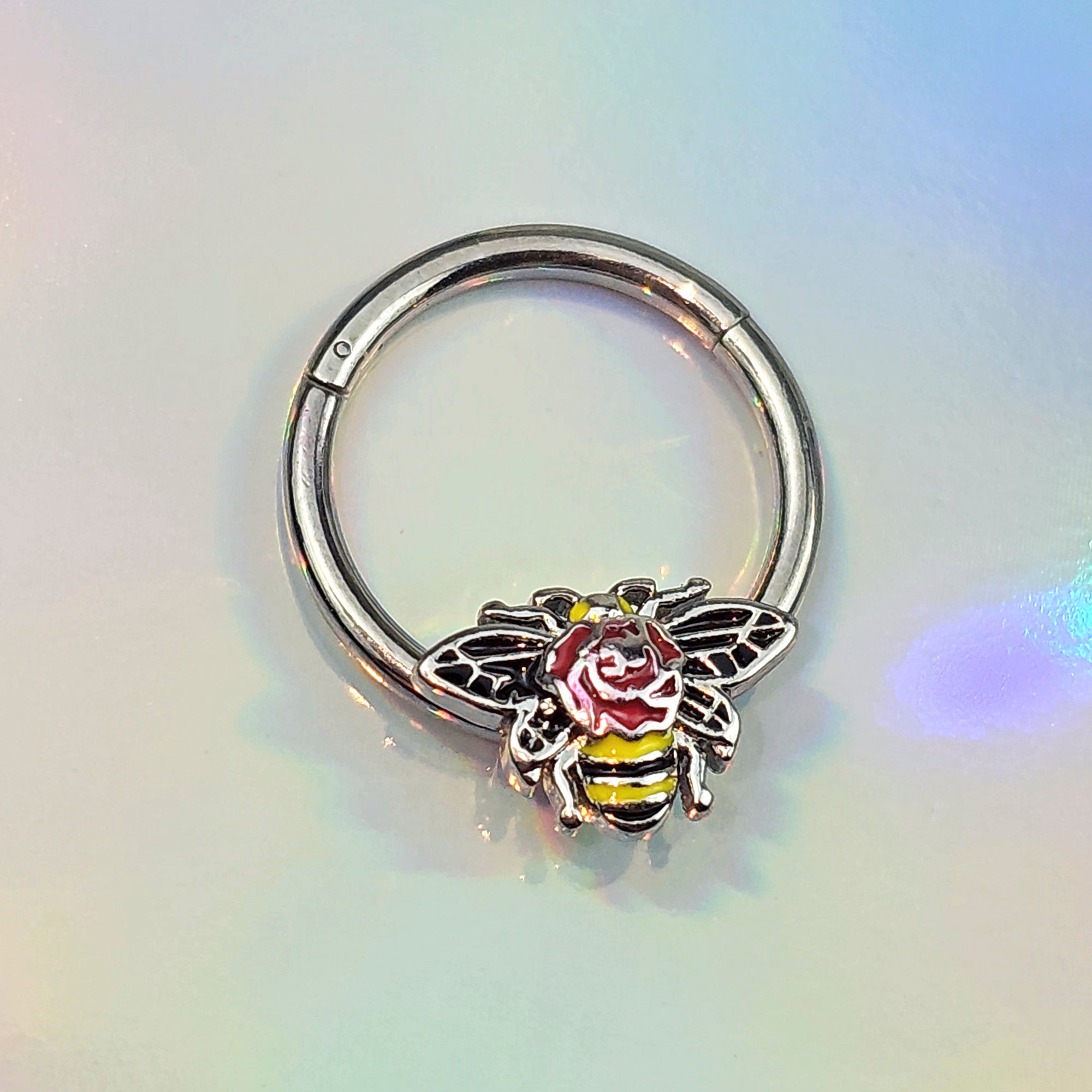 16G 3/8 Buzzing Bee Rose Flower Hinged Segment Ring