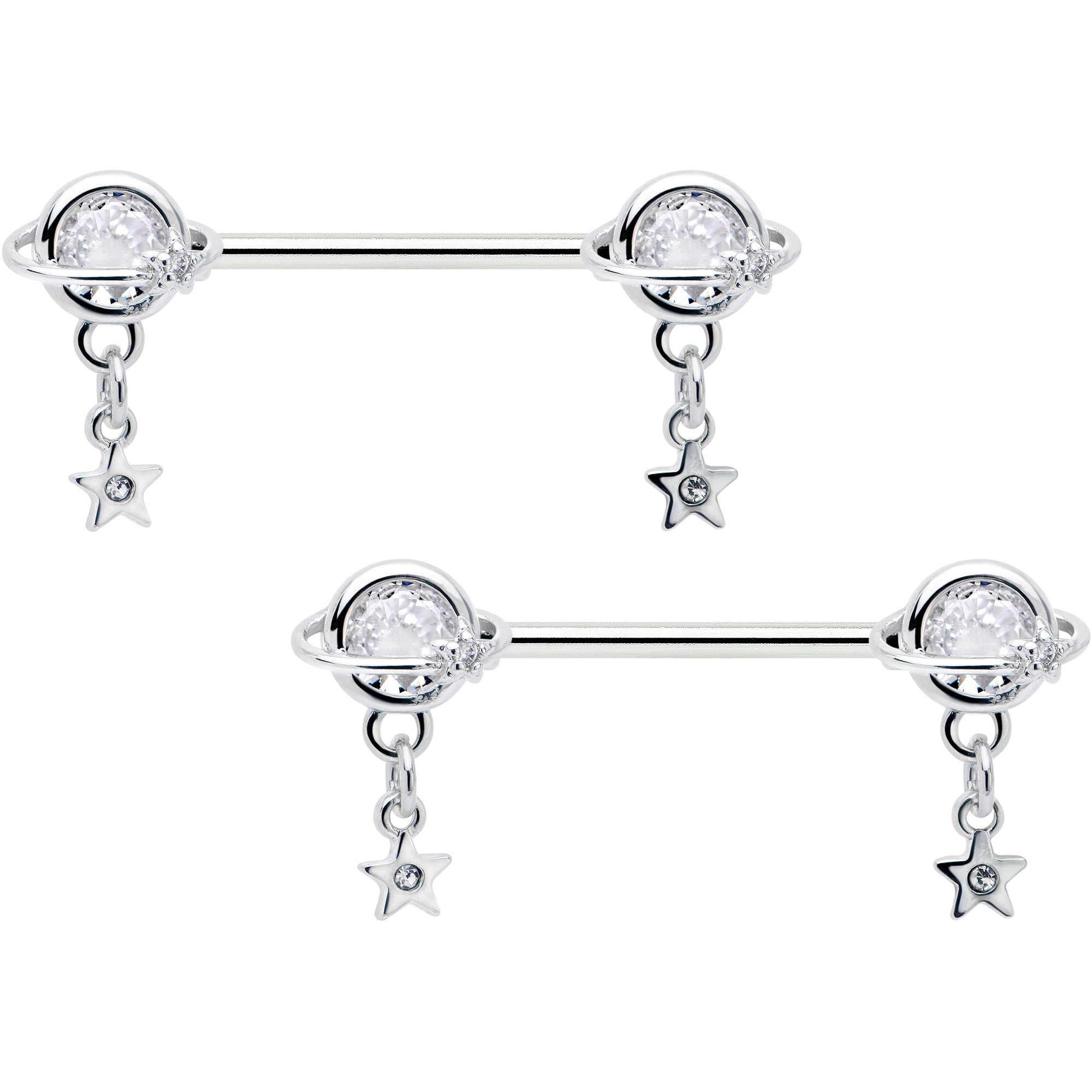 14G 9/16 Clear CZ Gem Starry Saturn Dangle Nipple Ring Set