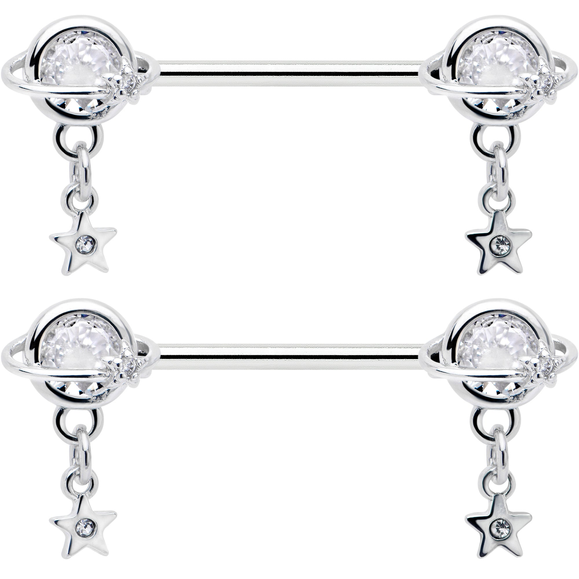 14G 9/16 Clear CZ Gem Starry Saturn Dangle Nipple Ring Set