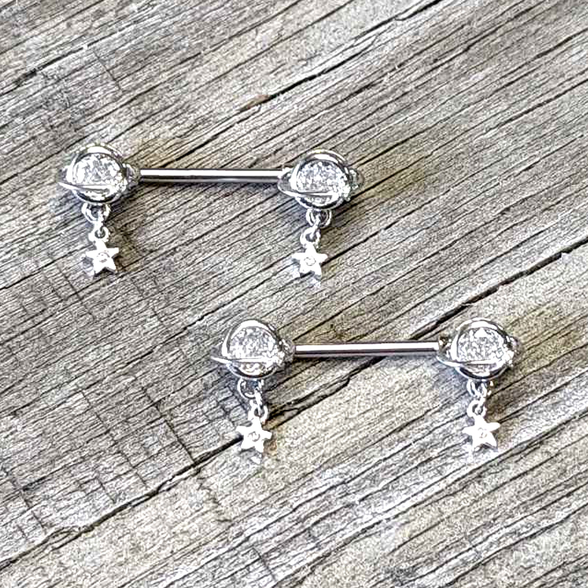 14G 9/16 Clear CZ Gem Starry Saturn Dangle Nipple Ring Set