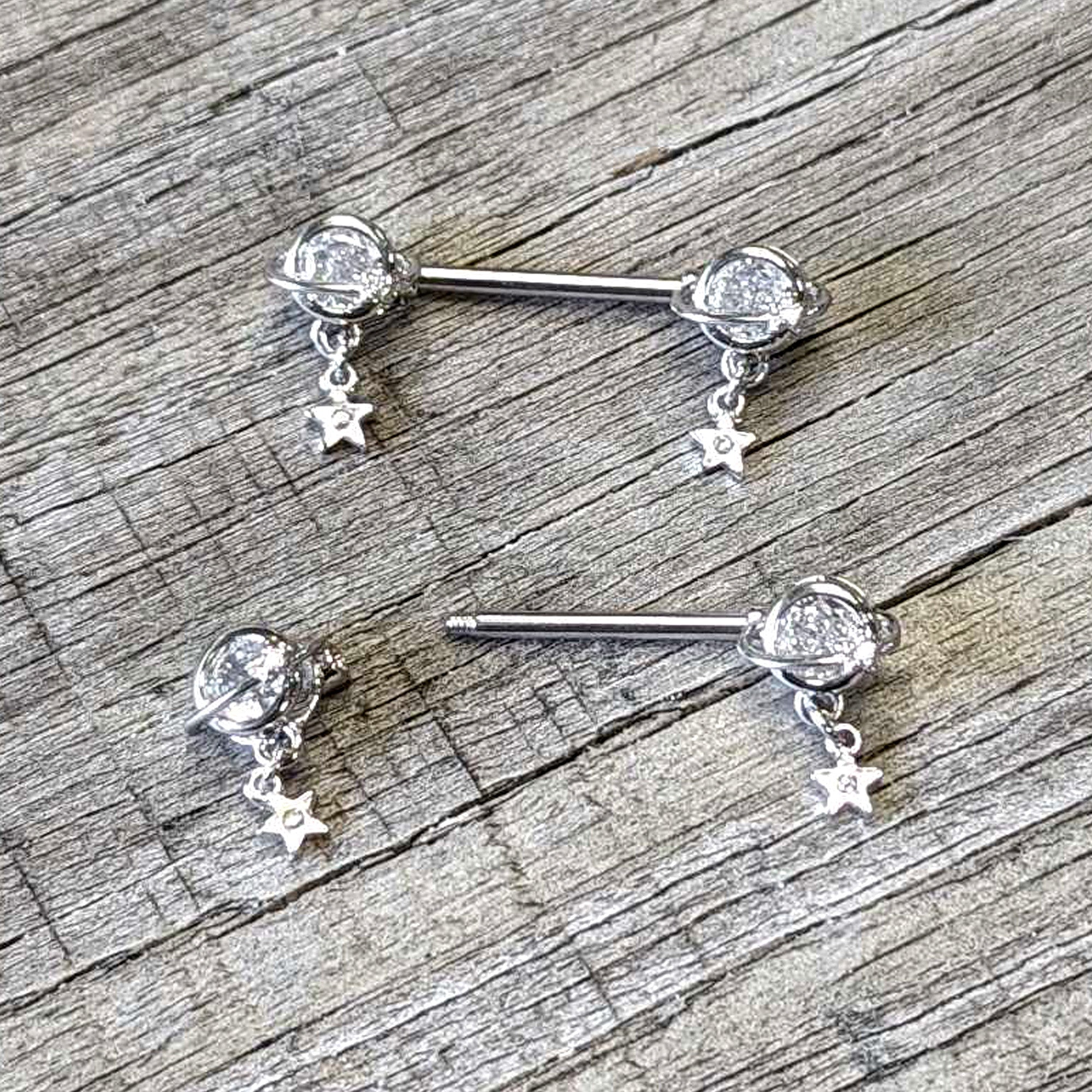 14G 9/16 Clear CZ Gem Starry Saturn Dangle Nipple Ring Set