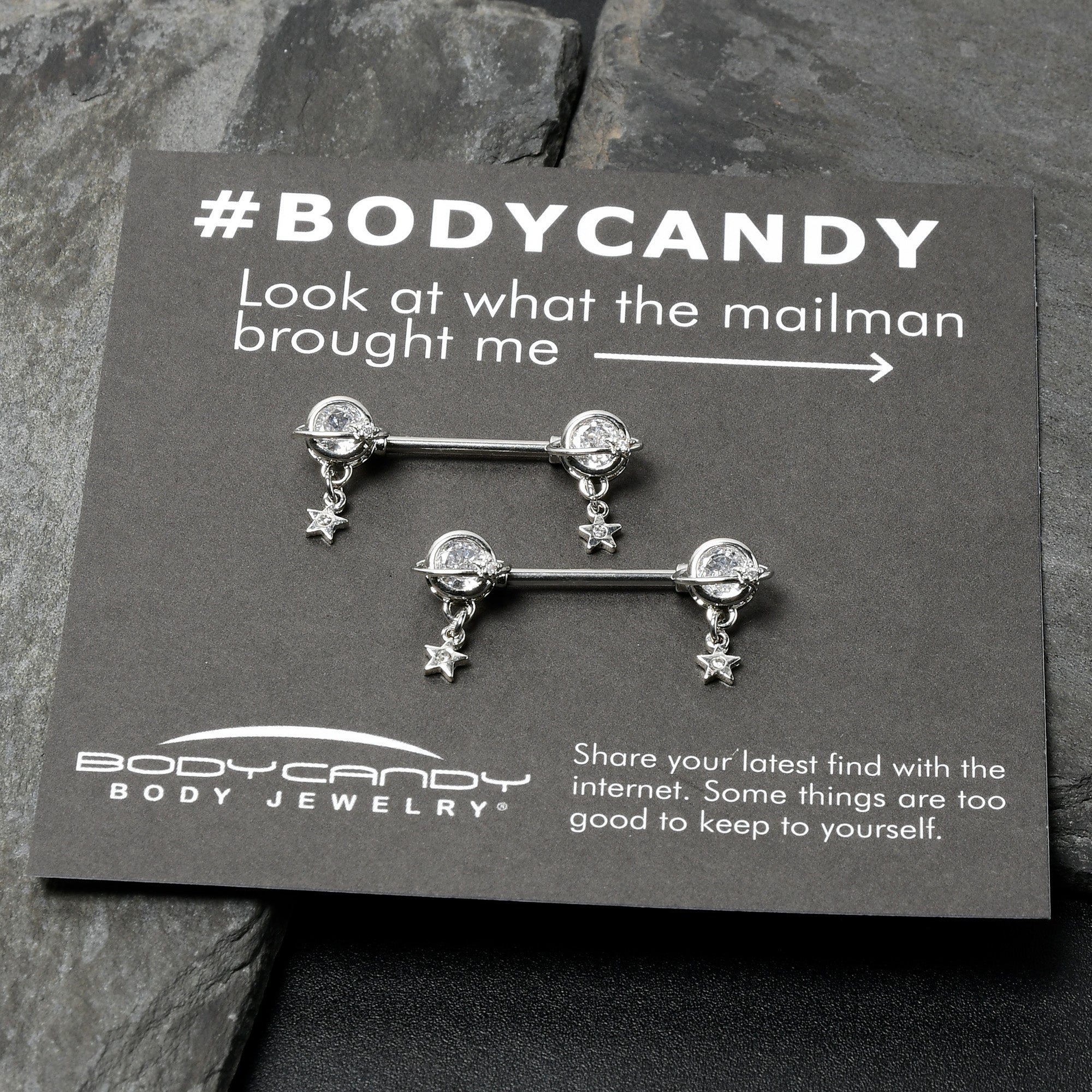 14G 9/16 Clear CZ Gem Starry Saturn Dangle Nipple Ring Set