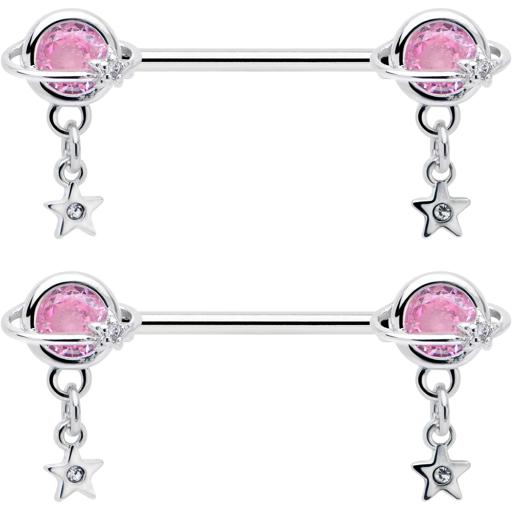 14G 9/16 Pink CZ Gem Starry Saturn Dangle Nipple Ring Set