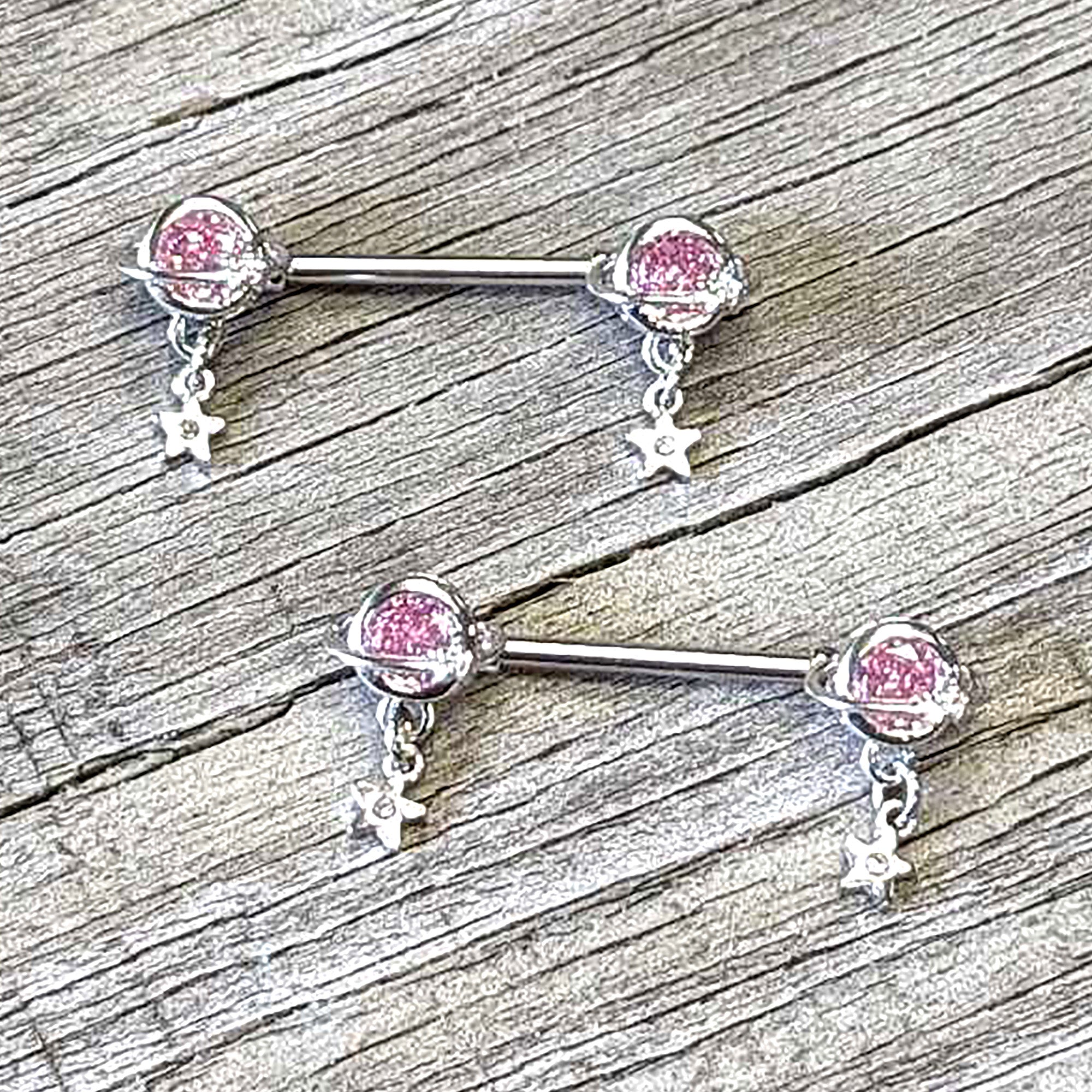 14G 9/16 Pink CZ Gem Starry Saturn Dangle Nipple Ring Set