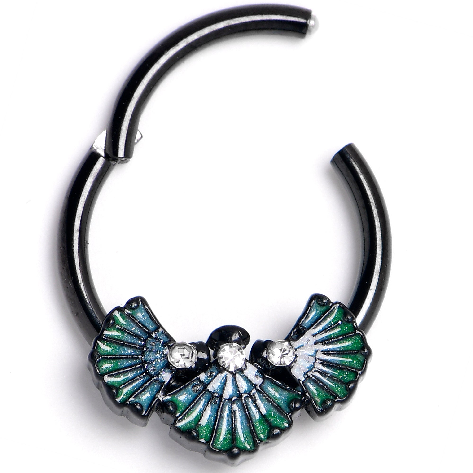 16G 3/8 Black PVD Serenity Ocean Magic Sea Shells Hinged Segment Ring