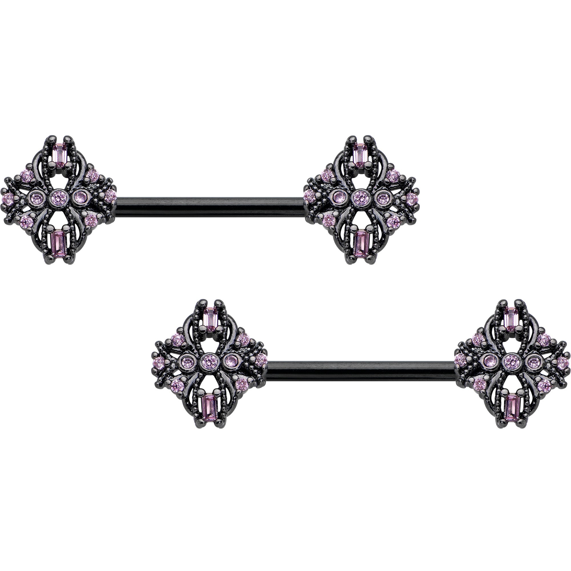 14G 9/16 Pink Gem Black Opulent Cross Barbell Nipple Ring Set