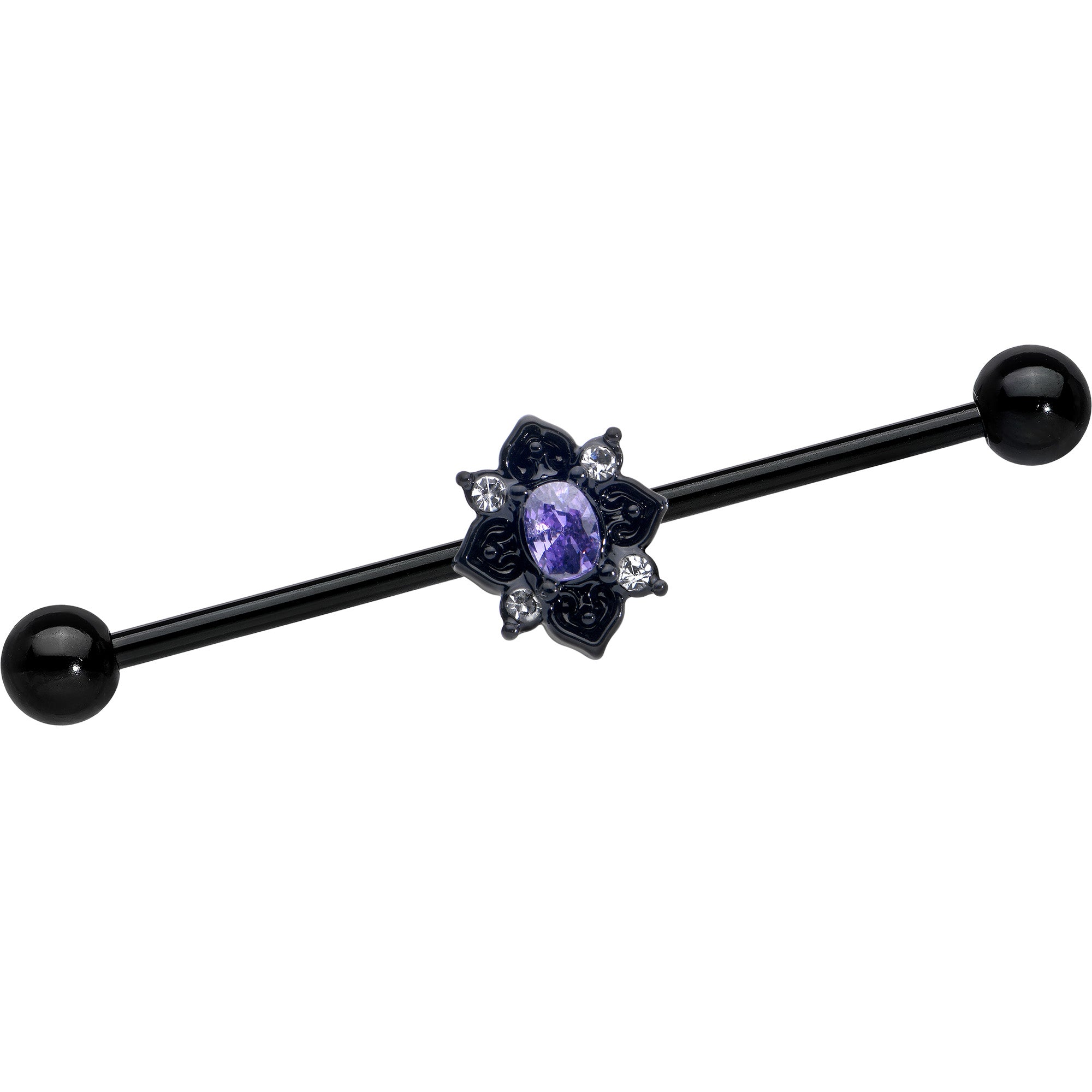 14G Purple Gem Black Scrolling Hearts Industrial Barbell 38mm