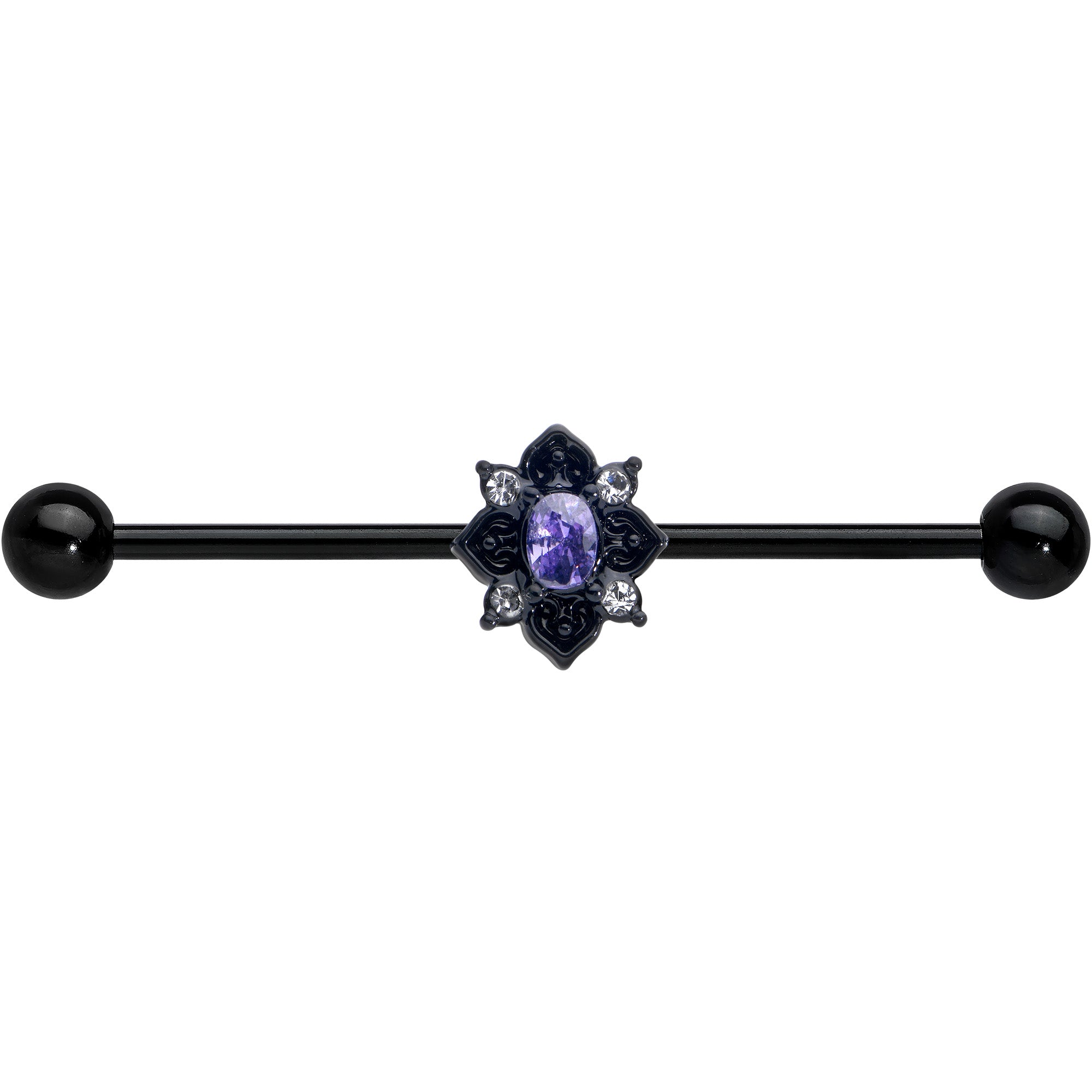 14G Purple Gem Black Scrolling Hearts Industrial Barbell 38mm